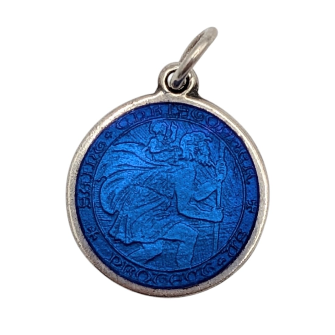 Signed Sterling Silver Enamel St. Christopher Protect Us Charm: Signed Sterling Silver, Blue Enamel St. Christopher Protect Us Charm. Signed Sterling C with line through. 1.6g