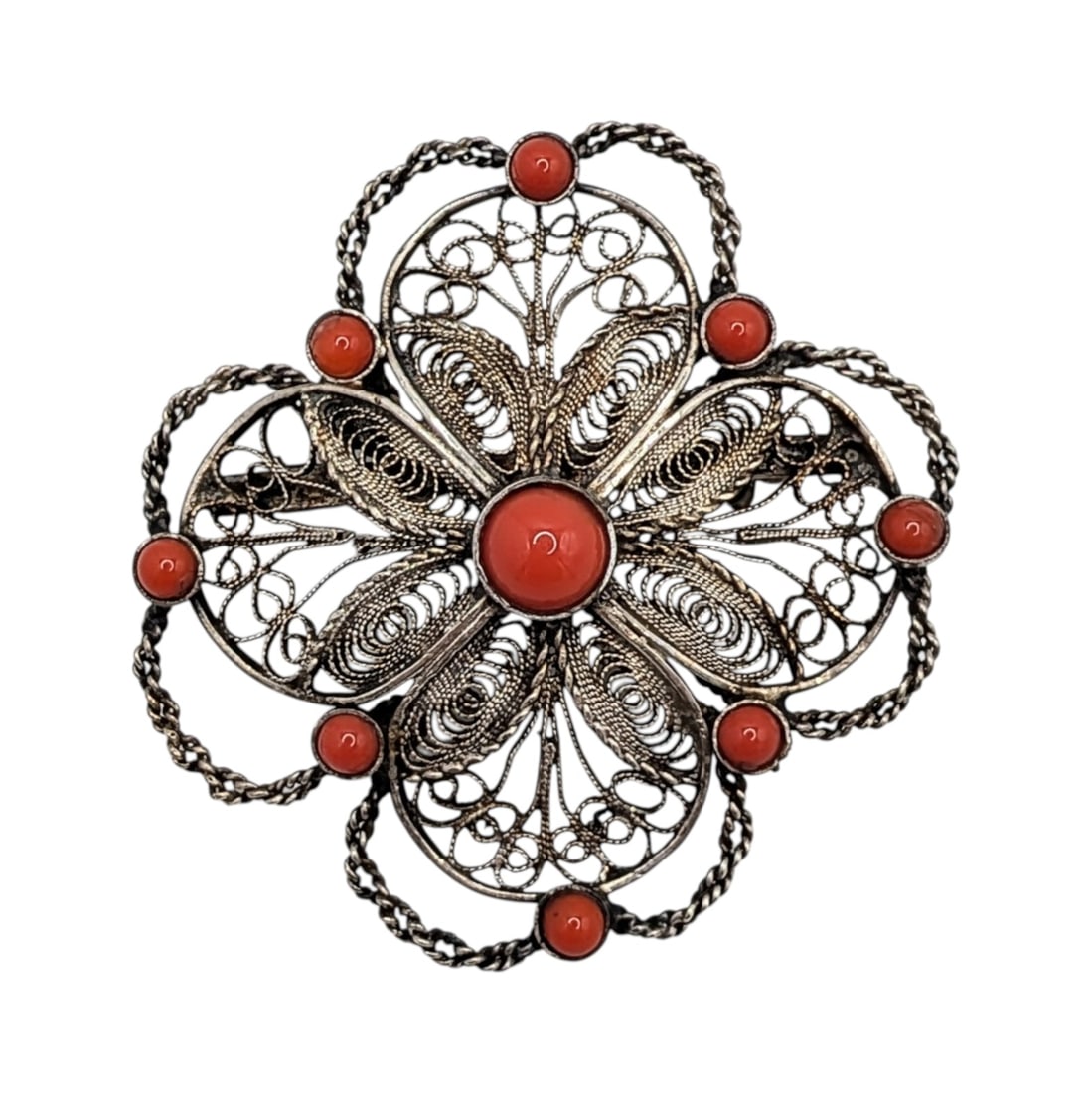 Antique European 800 Silver Coral Filigree Floral Brooch: Antique European 800 Silver, Coral Filigree Floral Brooch. Signed 800. 7g