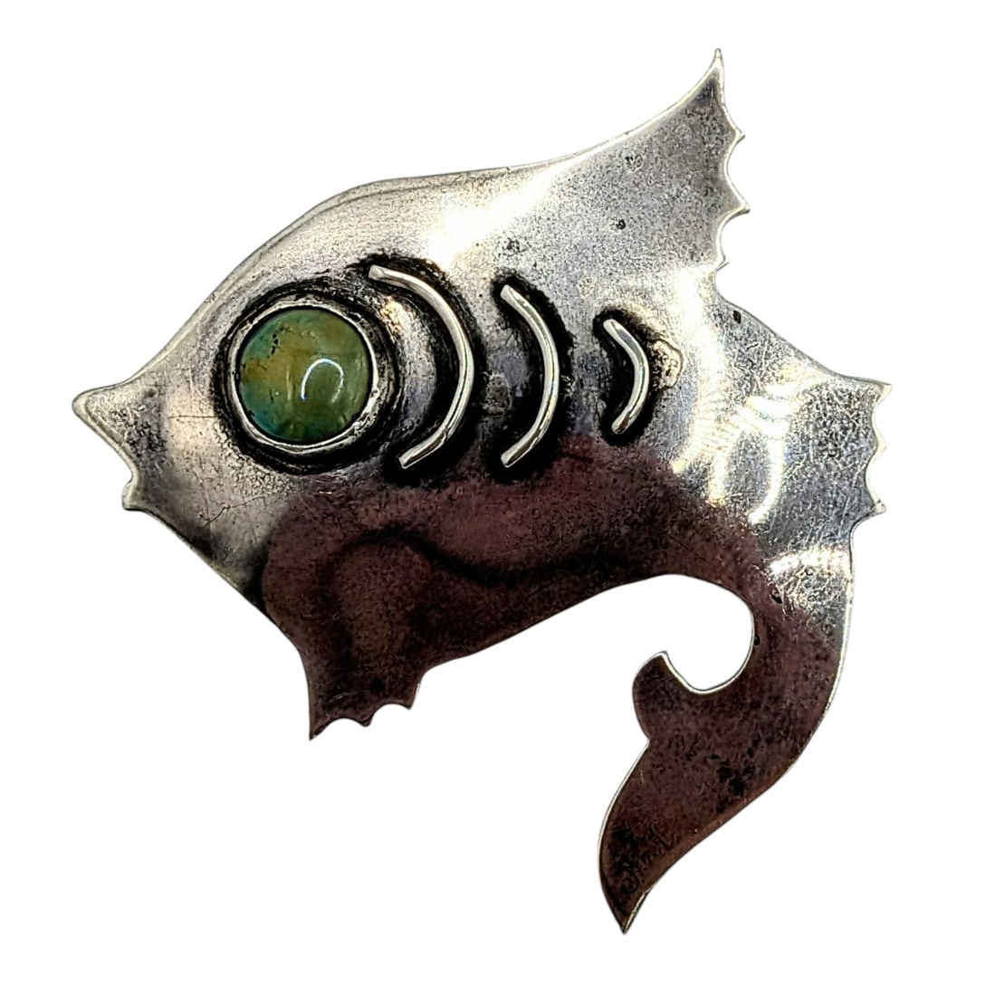 Vintage Sterling Silver Turquoise Fish Brooch: Vintage Handmade Sterling Silver Turquoise Fish Brooch. Unsigned. 12.8g