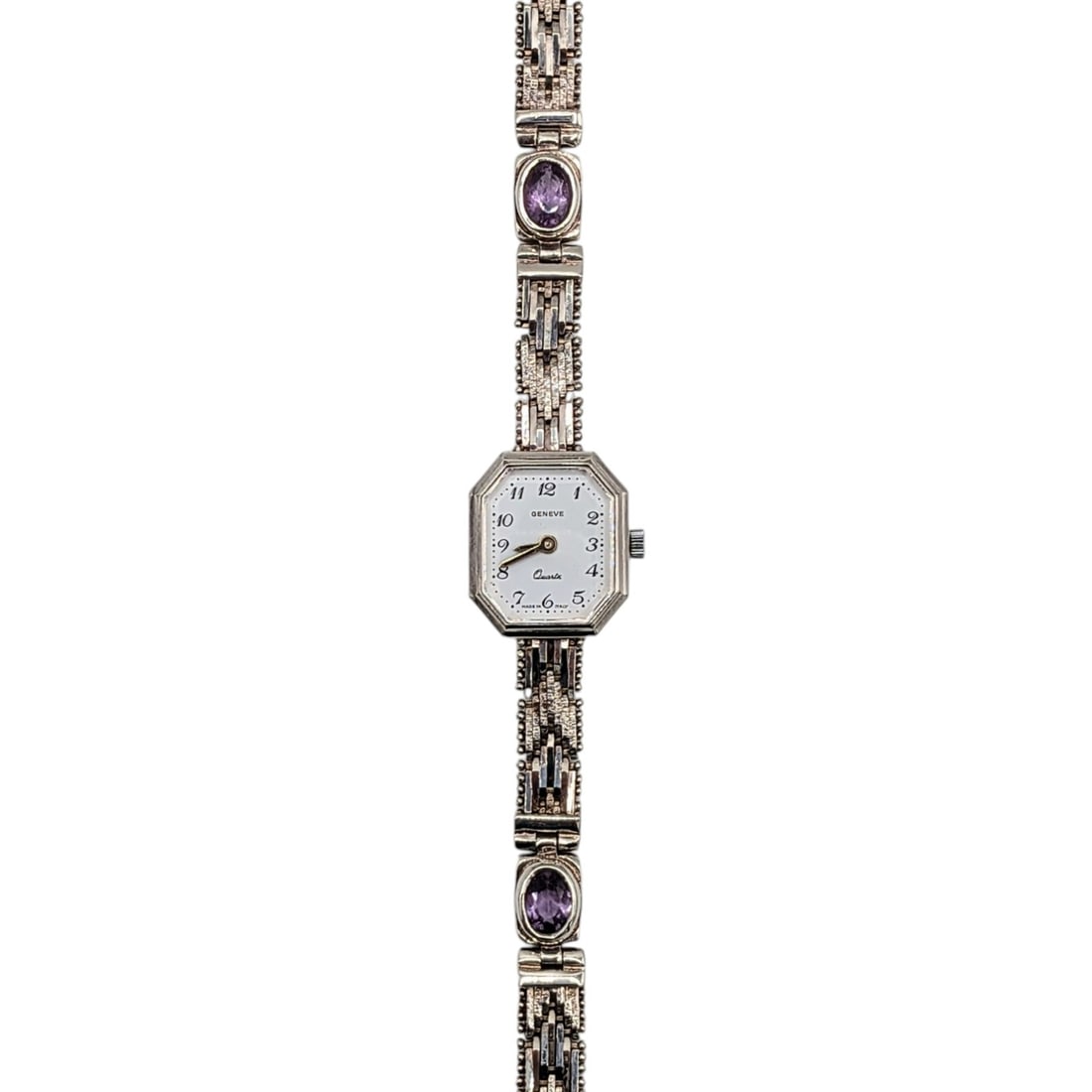 Milor Italian Sterling Silver Amethyst Articulated Womens Watch: Milor Italian Sterling Silver, Amethyst Geneve Articulated Womens Watch. 8in Length. Signed Milor 925 Italy. 19.8g