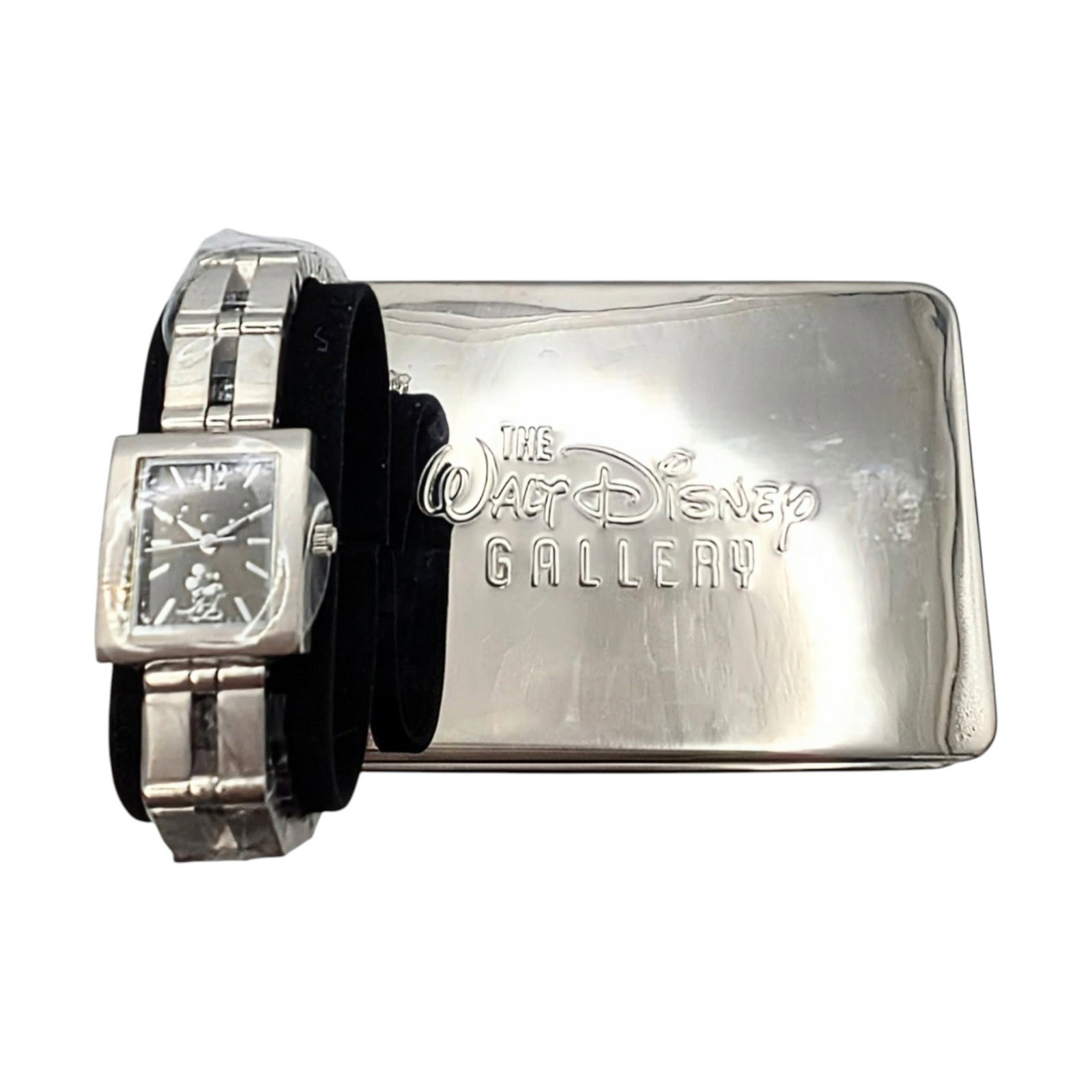 Disney Gallery Stainless Steel Modern Square Link Watch: Disney Gallery Stainless Steel Modern Square Link Watch with Original Box. 7in Length (adjustable) Signed Made Exclusively for The Walt Disney Gallery 3ATM DG110 Disney Japan. 323.5g