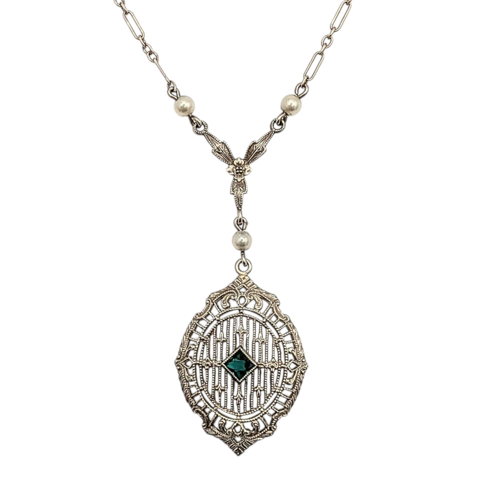 Antique 10KT White Gold Emerald Seed Pearl Deco Necklace: Antique 10KT White Gold, Emerald, Seed Pearl Filigree Art Deco Necklace. 15in Length. Signed 10KT. 2.7g