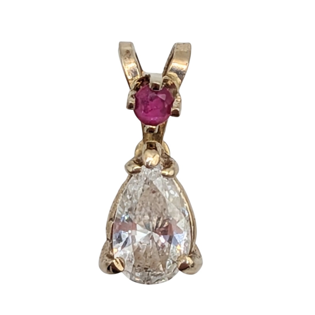 Vintage 14KT Yellow Gold Diamond Ruby Pear Cut Drop Pendant (1 of 5)