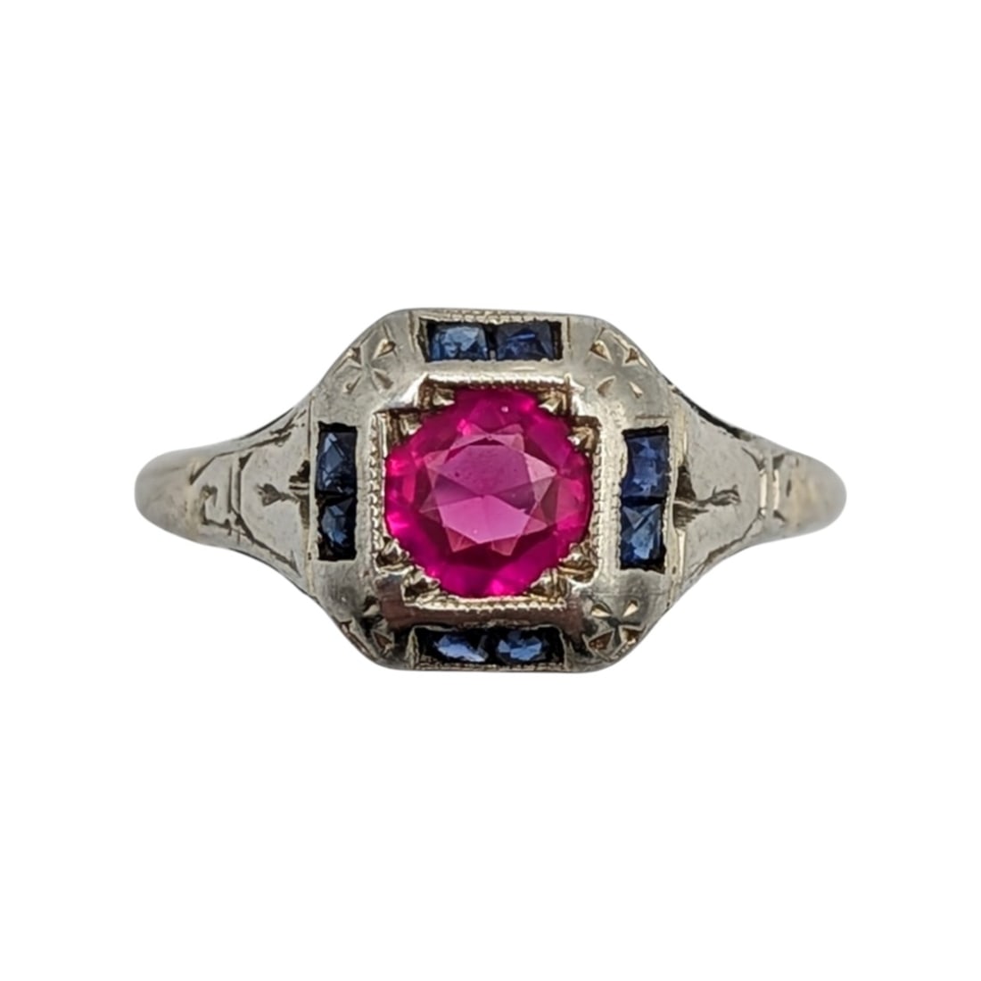 Antique 14KT White Gold Sapphire Ruby Art Deco Ring (1 of 3)