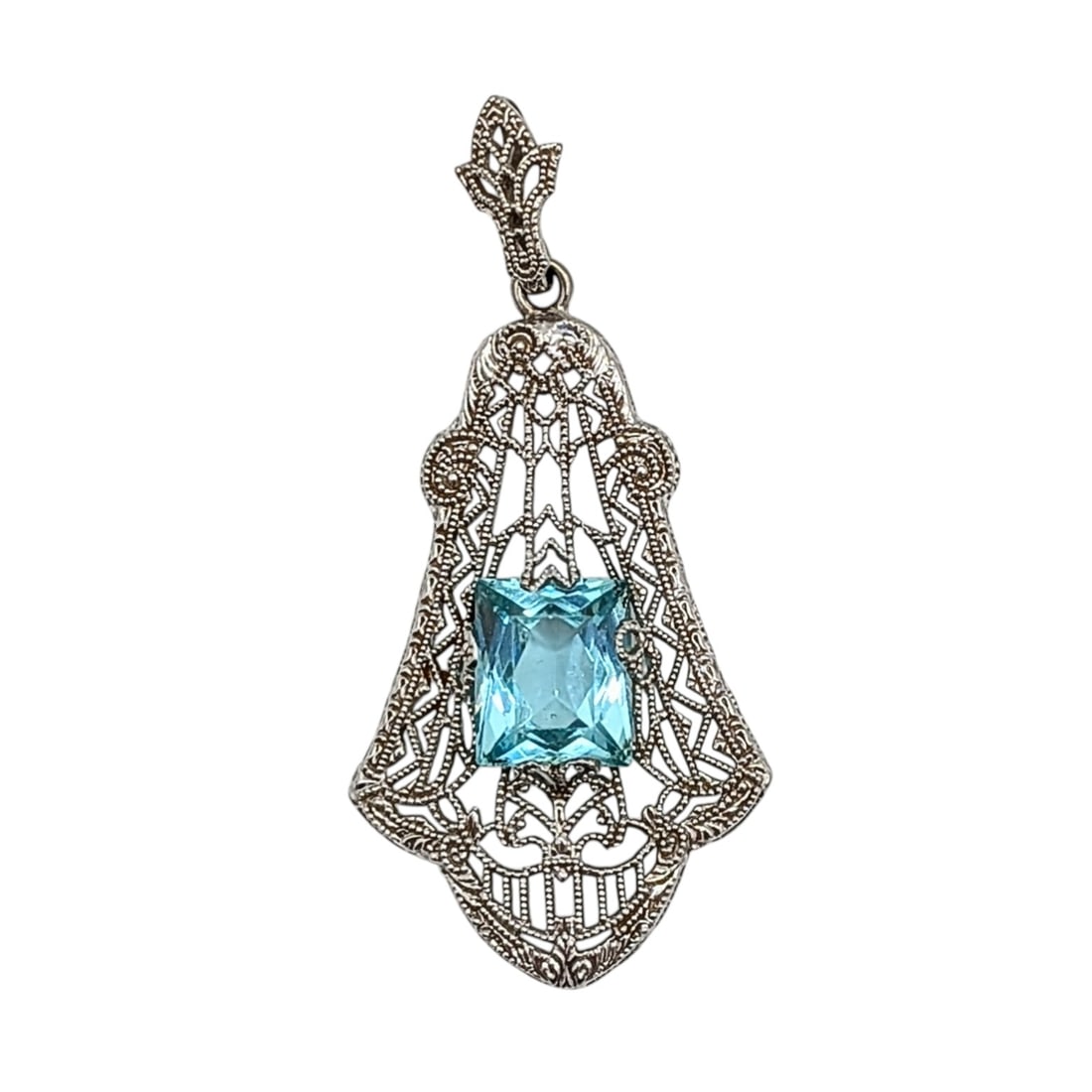 Esemco 10KT White Gold Light Green Paste Filigree Art Deco Pendant: Esemco 10KT White Gold, Light Green Paste Filigree Art Deco Pendant. Signed Esemco 10K. 1.8g