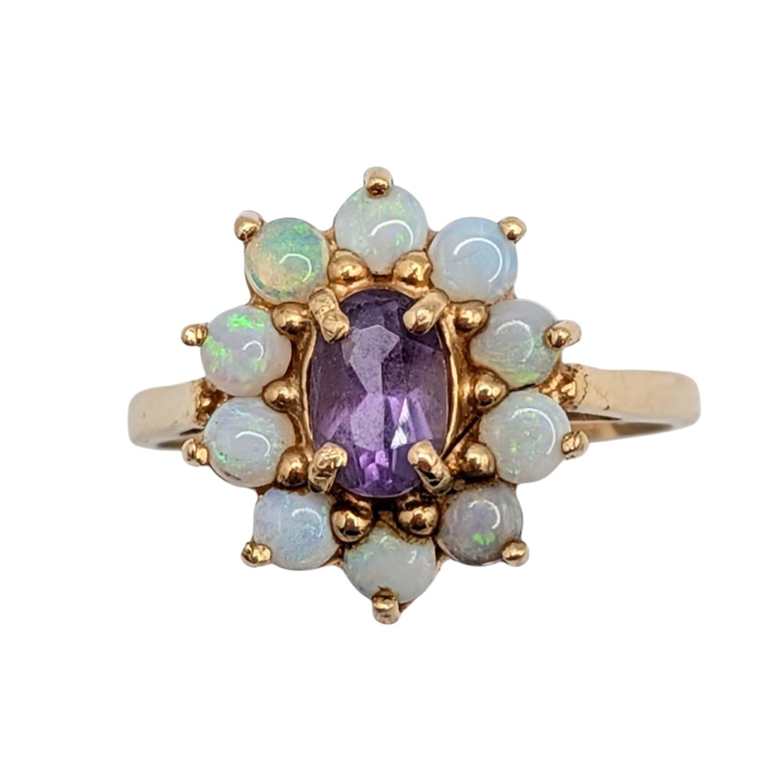 Vintage 14KT Yellow Gold Amethyst Opal Halo Ring: Vintage 14KT Yellow Gold, Amethyst, Opal Halo Ring. Size 5.75. Signed F 14K. 2.6g