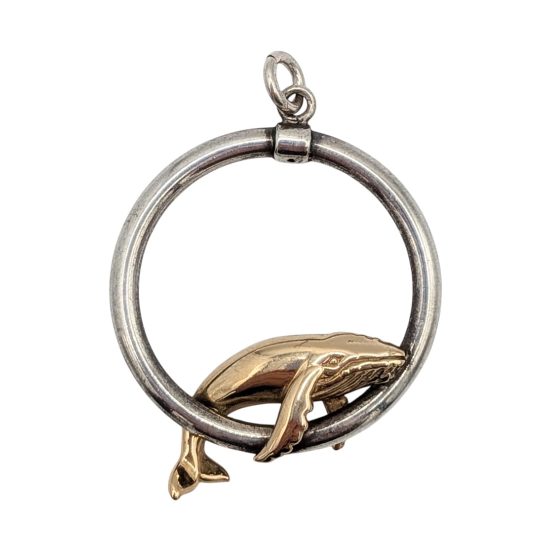 Kabana 14KT Yellow Gold Sterling Silver Whale Circle Pendant: Kabana 14KT Yellow Gold, Sterling Silver Whale Circle Pendant. Signed Kabana. 4.9g