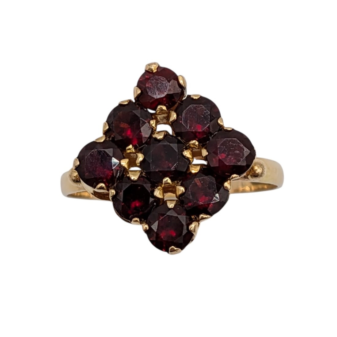 14KT Yellow Gold Garnet Cluster Square Ring: 14K Yellow Gold, Garnet Cluster Square Ring. Size 10. Signed 14K. 4.3g
