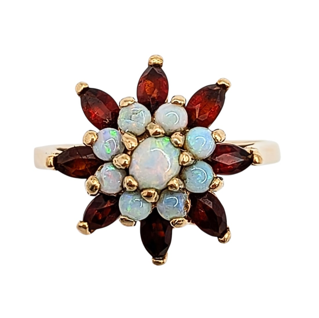 Signed 10KT Yellow Gold Opal Garnet Cluster Ring (1 of 4)