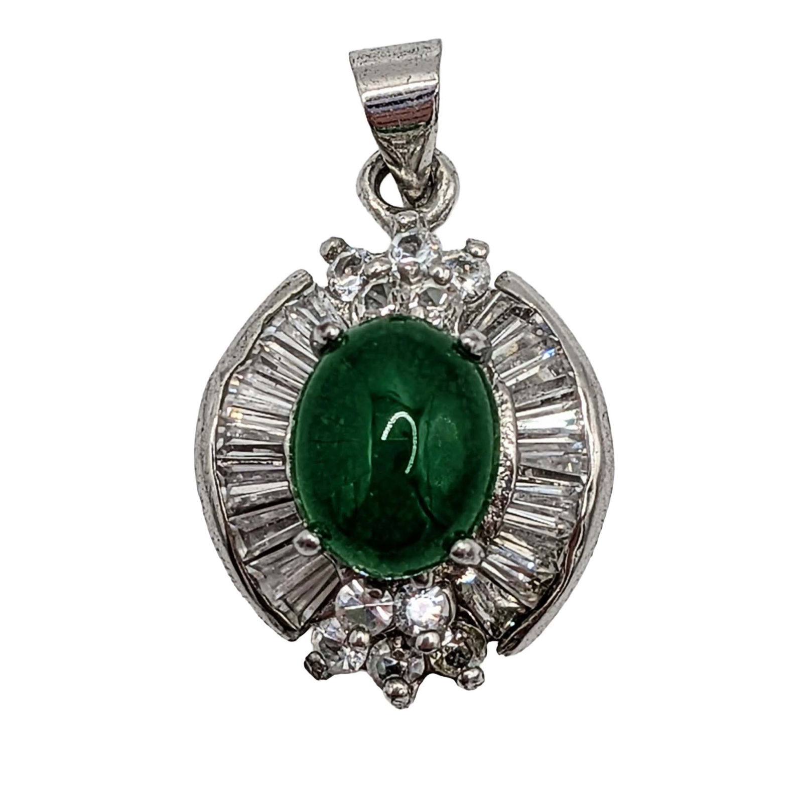 Vintage 18KT White Gold Plate Jadeite CZ Oval Pendant: Vintage 18KT White Gold Plate, Jadeite, CZ Oval Pendant. Signed 18KGP. 3g