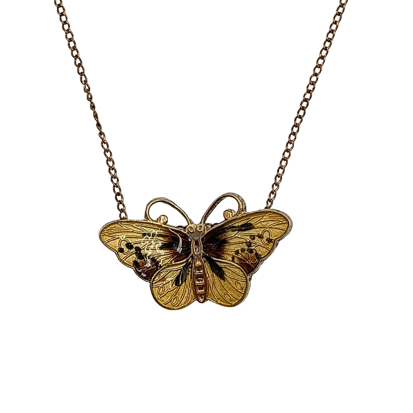 Signed Gold Filled Sterling Silver Guilloche Enamel Butterfly Necklace: Signed Gold Filled, Sterling Silver Guilloche Enamel Butterfly Necklace. 17in Length. Signed CX Sterling. 3.1g