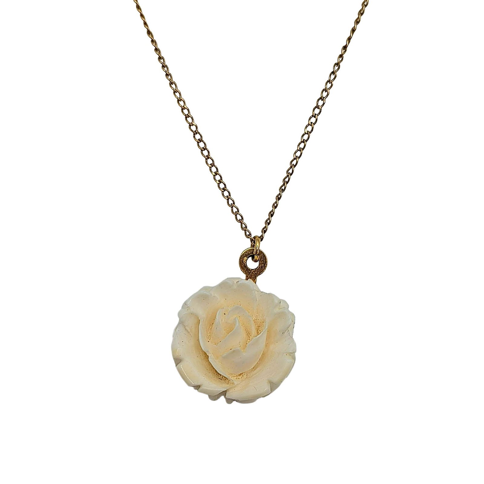 Atlas Vintage 12KT Gold Filled Carved Bone Rose Necklace: Atlas Vintage Gold Filled, Carved Bone Rose Necklace. 19in Length Cable Chain. Signed Atlas 12KT GF. 2.4g