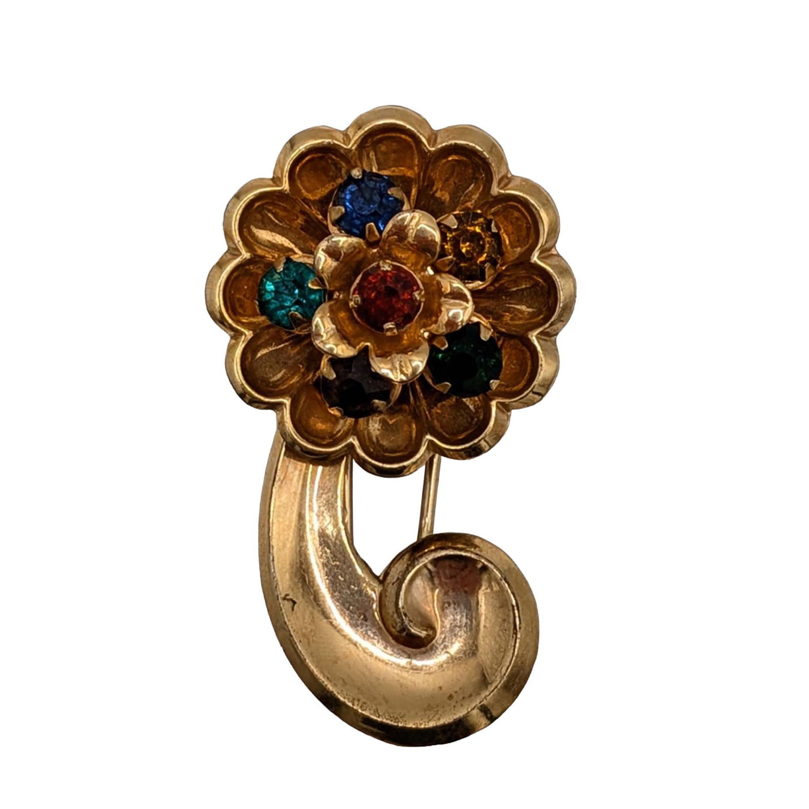 Signed Vintage 12KT Gold Filled Rhinestone Floral Brooch: Signed Vintage 12KT Gold Filled, Rhinestone Floral Swoop Brooch. Signed 1/20 12KT Gold Filled palm tree symbol P. 8.2g