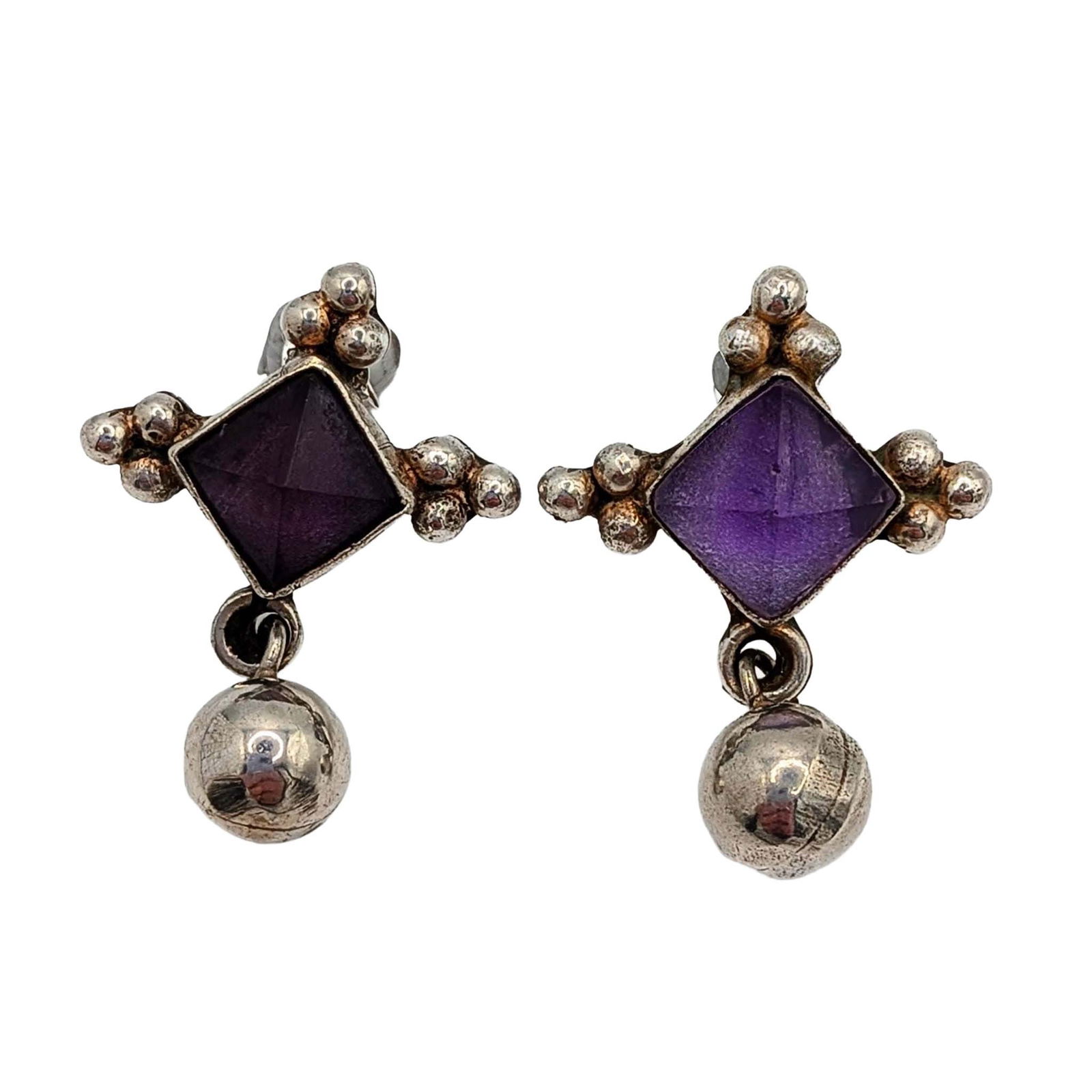 Signed Mexican Sterling Silver Amethyst Ball Dangle Stud Earrings: Signed Mexican Sterling Silver, Amethyst Ball Dangle Stud Earrings. Signed Mexico 925 TM-284. 9g