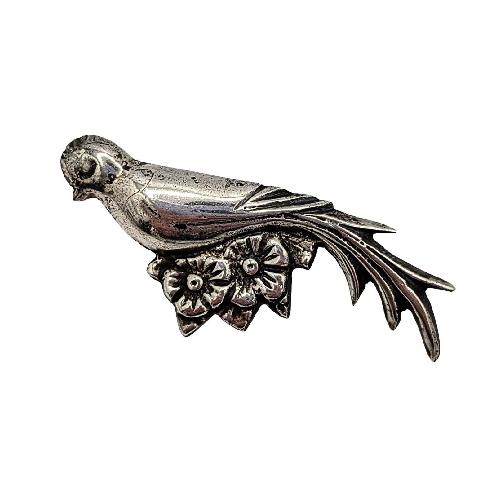 Mexican Sterling Silver Bird on Flowers Brooch: Mexican Sterling Silver Bird on Flowers Brooch. Signed Mexico Silver. 5.6g