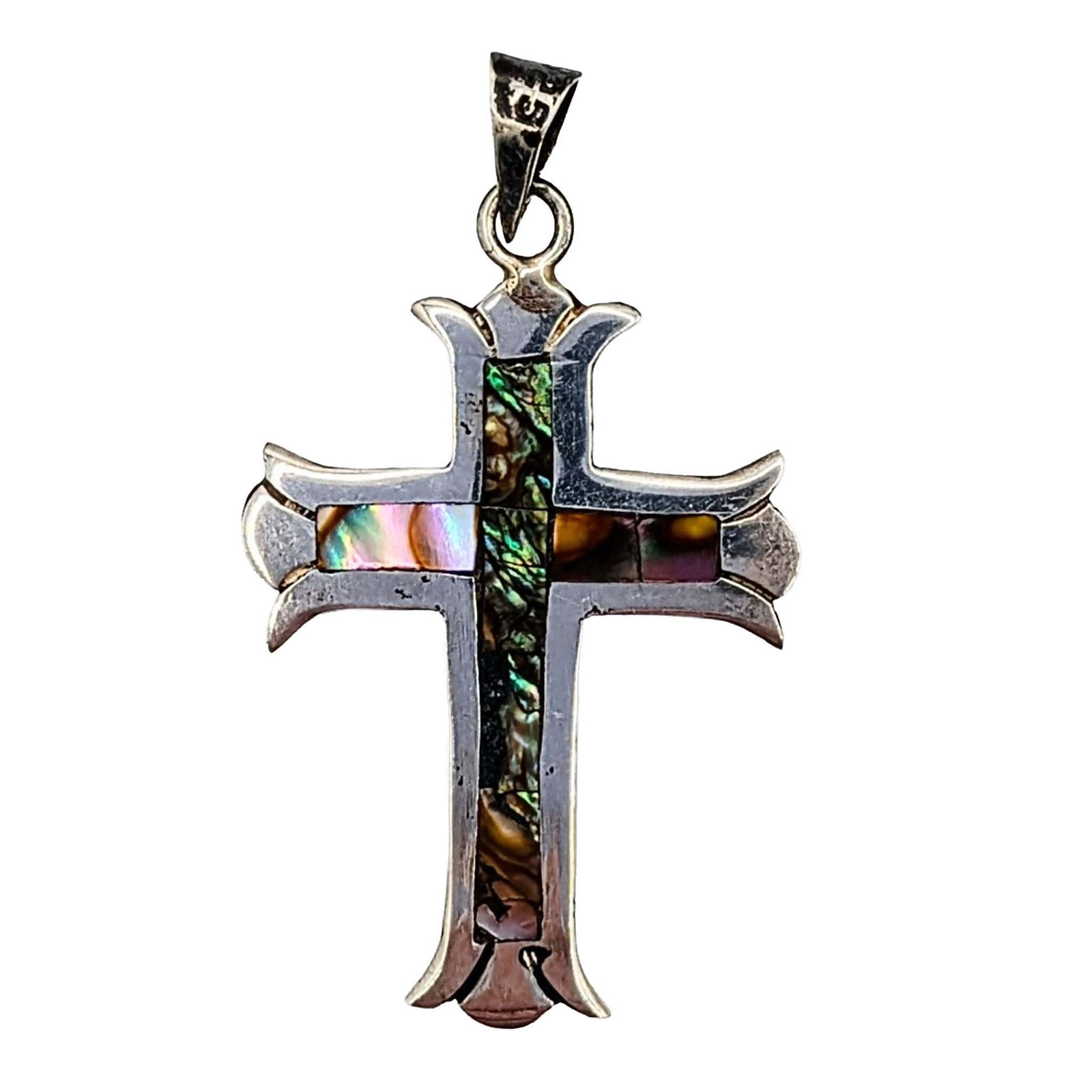 Mexican Sterling Silver Abalone Inlay Cross Pendant: Mexican Sterling Silver, Abalone Inlay Cross Pendant. Signed Mexico 925. 1.6g