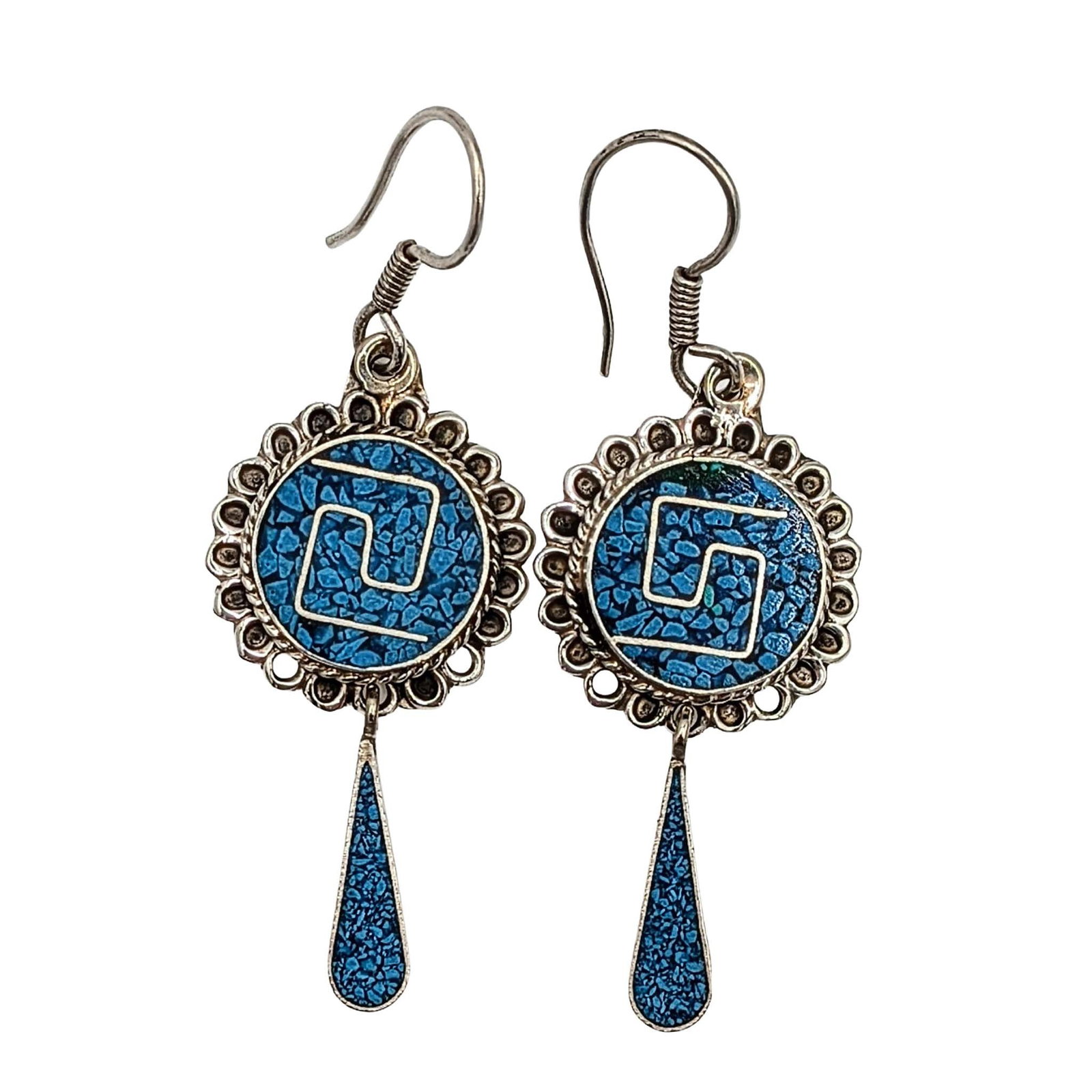 Signed Mexican Sterling Silver Turquoise Inlay Swirl Dangle Earrings: Signed Mexican Sterling Silver, Turquoise Inlay Swirl Dangle Earrings. Signed Mexico TL-77 925. 8.5g