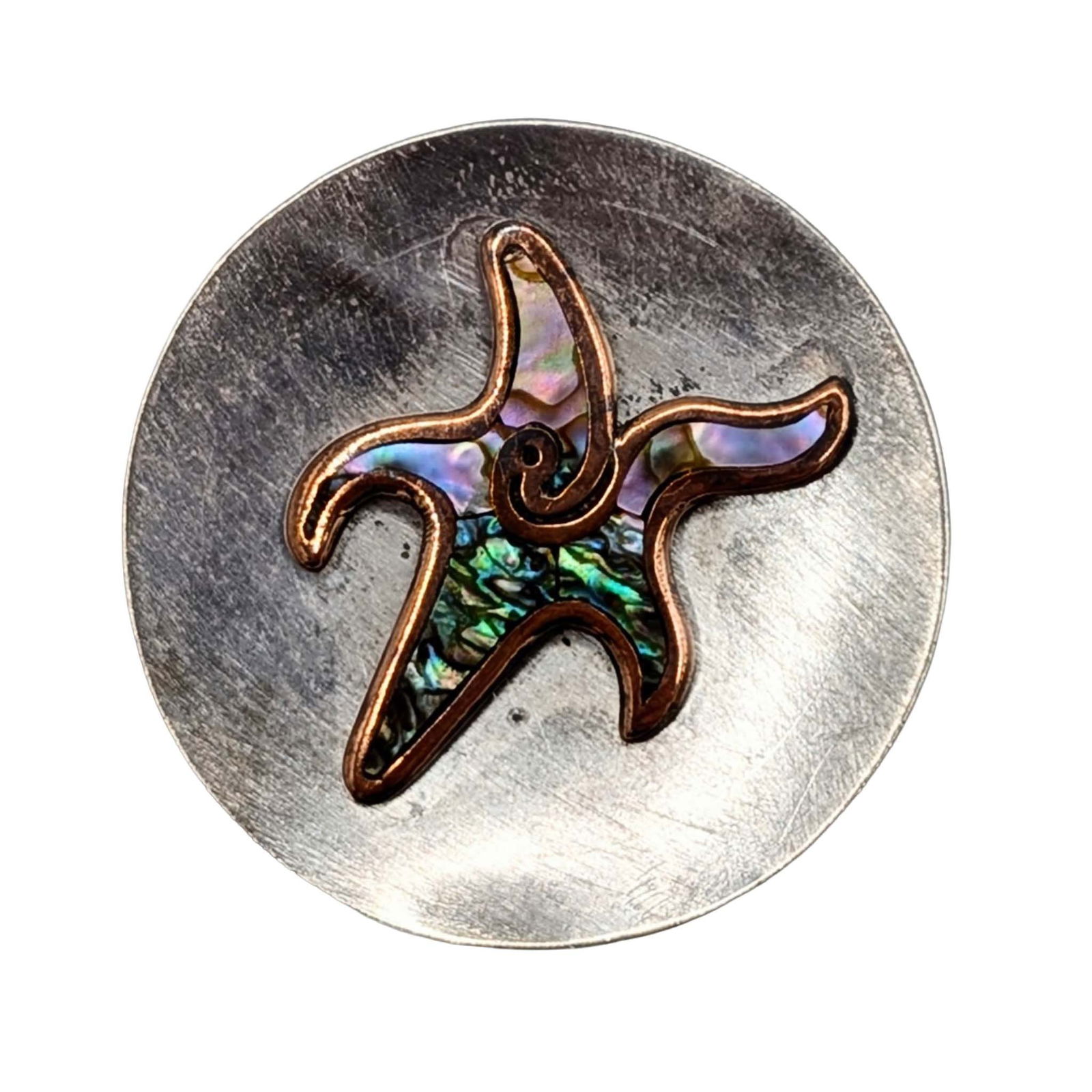 Signed Taxco Mexico Sterling Silver Copper Abalone Starfish Brooch/Pendant: Signed Taxco Mexico Sterling Silver, Copper, Abalone Inlay Starfish Disc Brooch. Signed Taxco Sterling PG. 14.6g