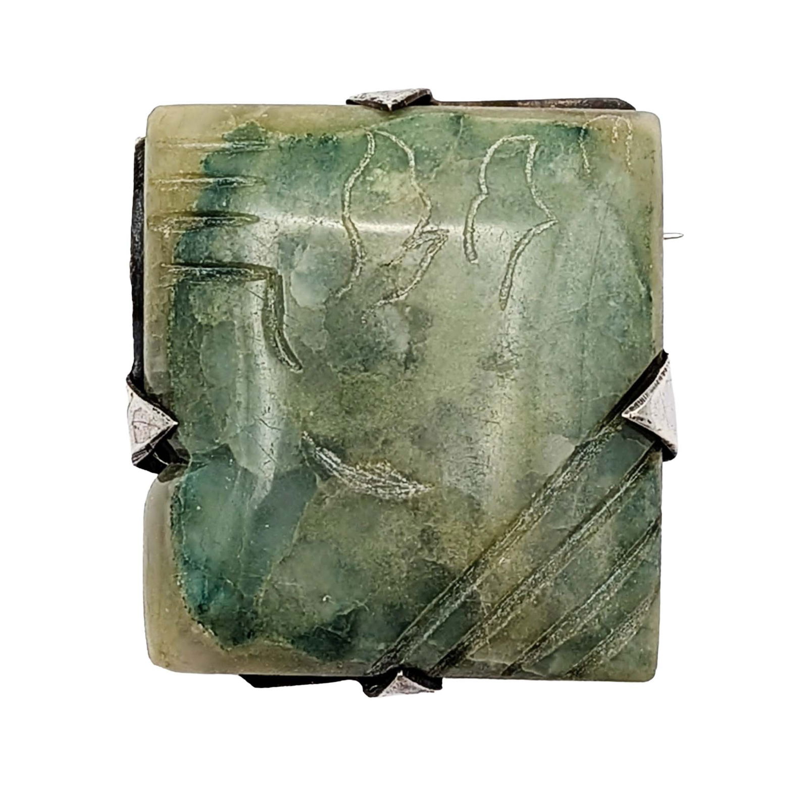 Mexican Sterling Silver Jade Carved Brooch: Mexican Sterling Silver, Carved Jade Brooch. Signed Mexico. 19.5g