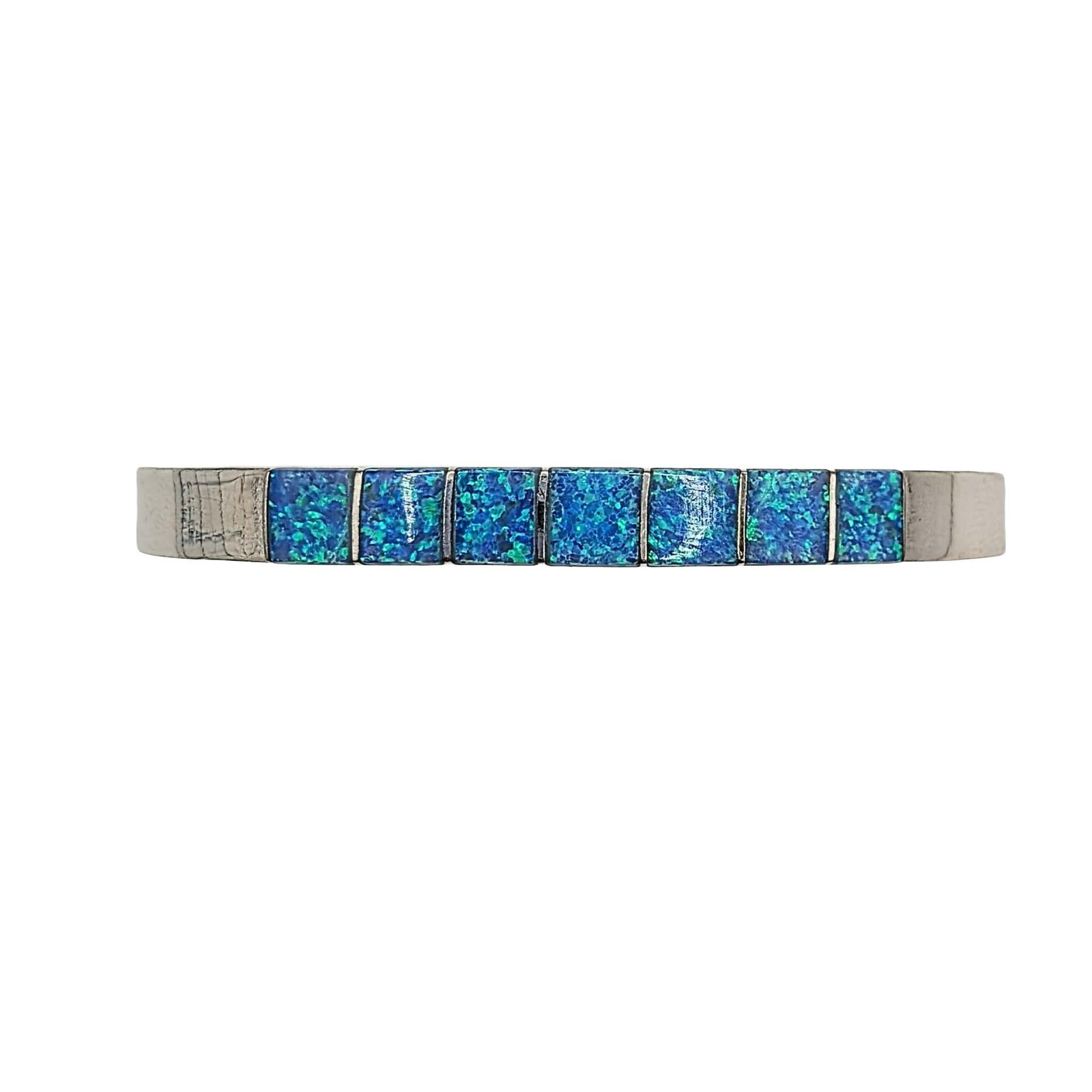 Mexican Sterling Silver Opal Inlay Hinged Bangle Bracelet: Mexican Sterling Silver, Opal Inlay Hinged Bangle Bracelet. 7in Length Signed 925 Mexico. 26.3g