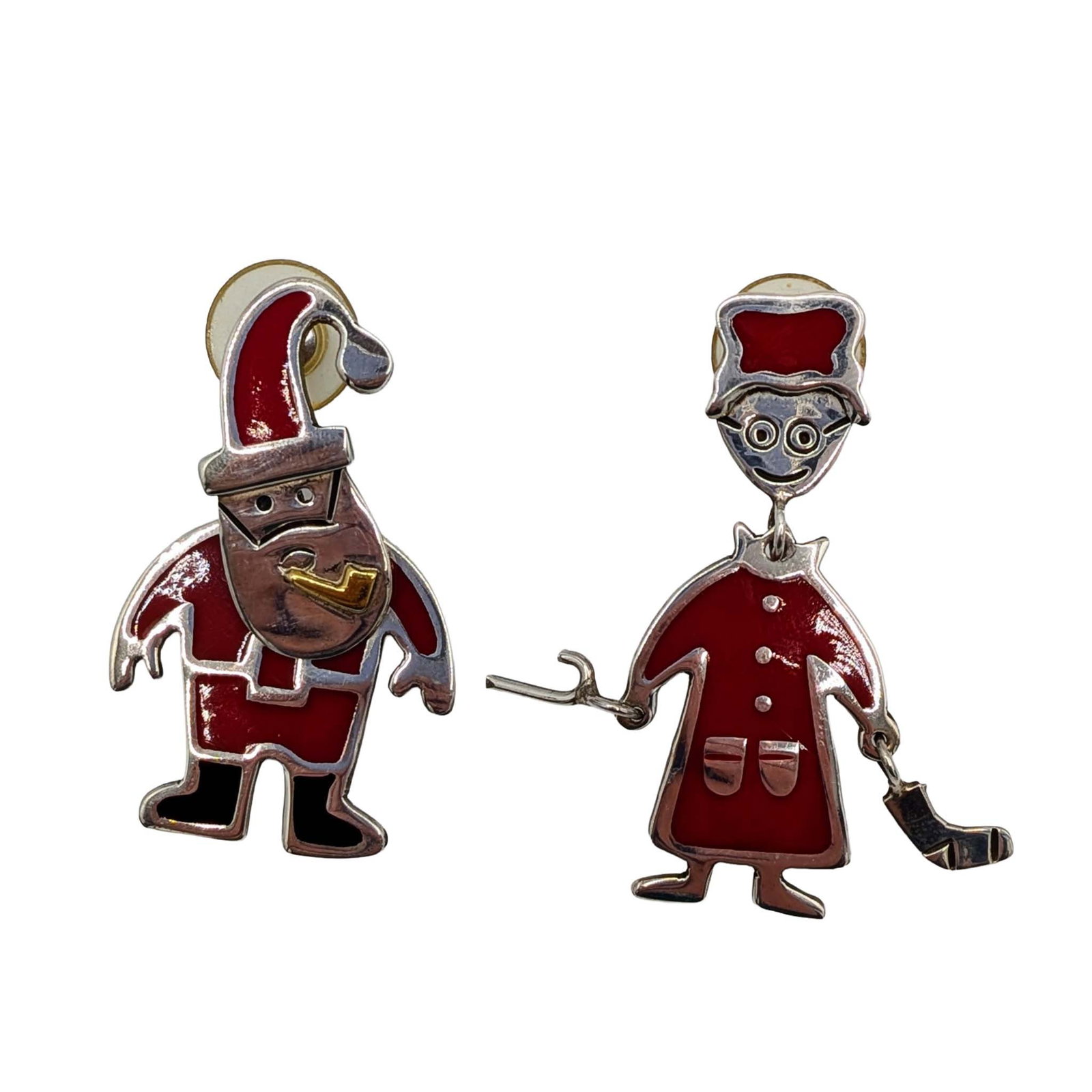 Anne Harvey Mexican Sterling Silver Enamel Mr & Mrs Claus Dangle Stud Earrings: Anne Harvey Mexican Sterling Silver, Enamel Mr & Mrs Claus Dangle Stud Earrings. Signed TV-67 Anne Harvey Mexico 925. 14.5g