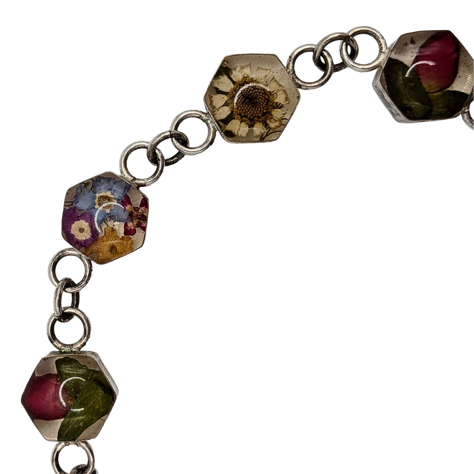 Vintage Mexican Alpaca Silver Dried Flowers Link Bracelet: Vintage Mexican Alpaca Silver, Dried Flowers, Resin Link Bracelet. 9in Length. Signed Alpaca. 8.4g