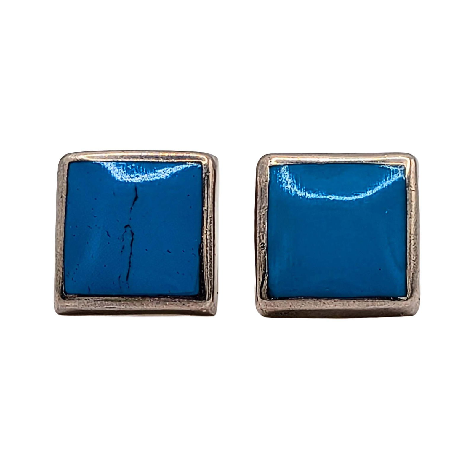 Signed Mexican Sterling Silver Turquoise Square Stud Earrings: Signed Mexican Sterling Silver, Turquoise Inlay Square Stud Earrings. Signed TC-HP Mexico 925. 10.9g