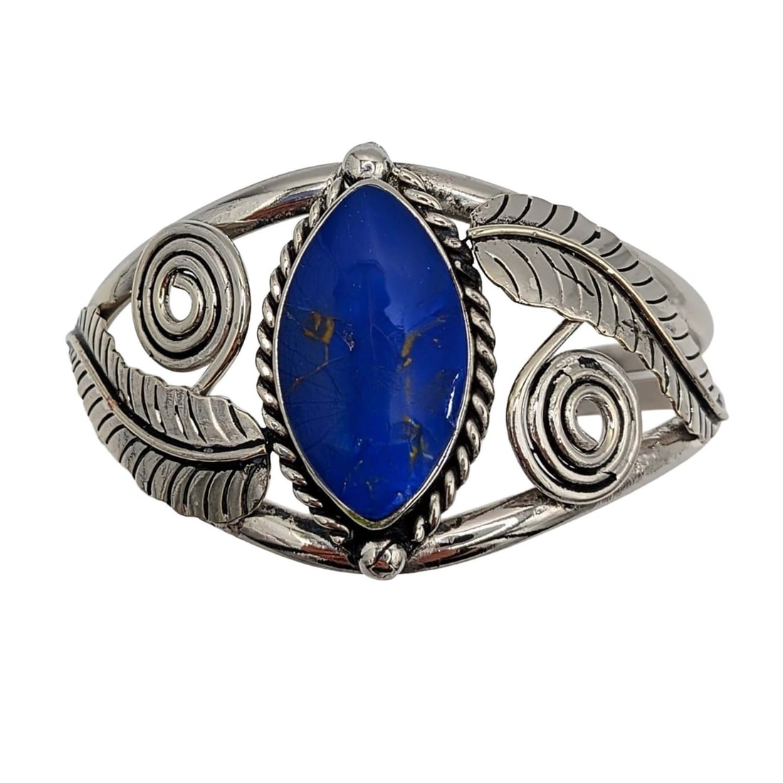 Mexican Sterling Silver Lapis Leaf Swirl Cuff Bracelet (1 of 6)