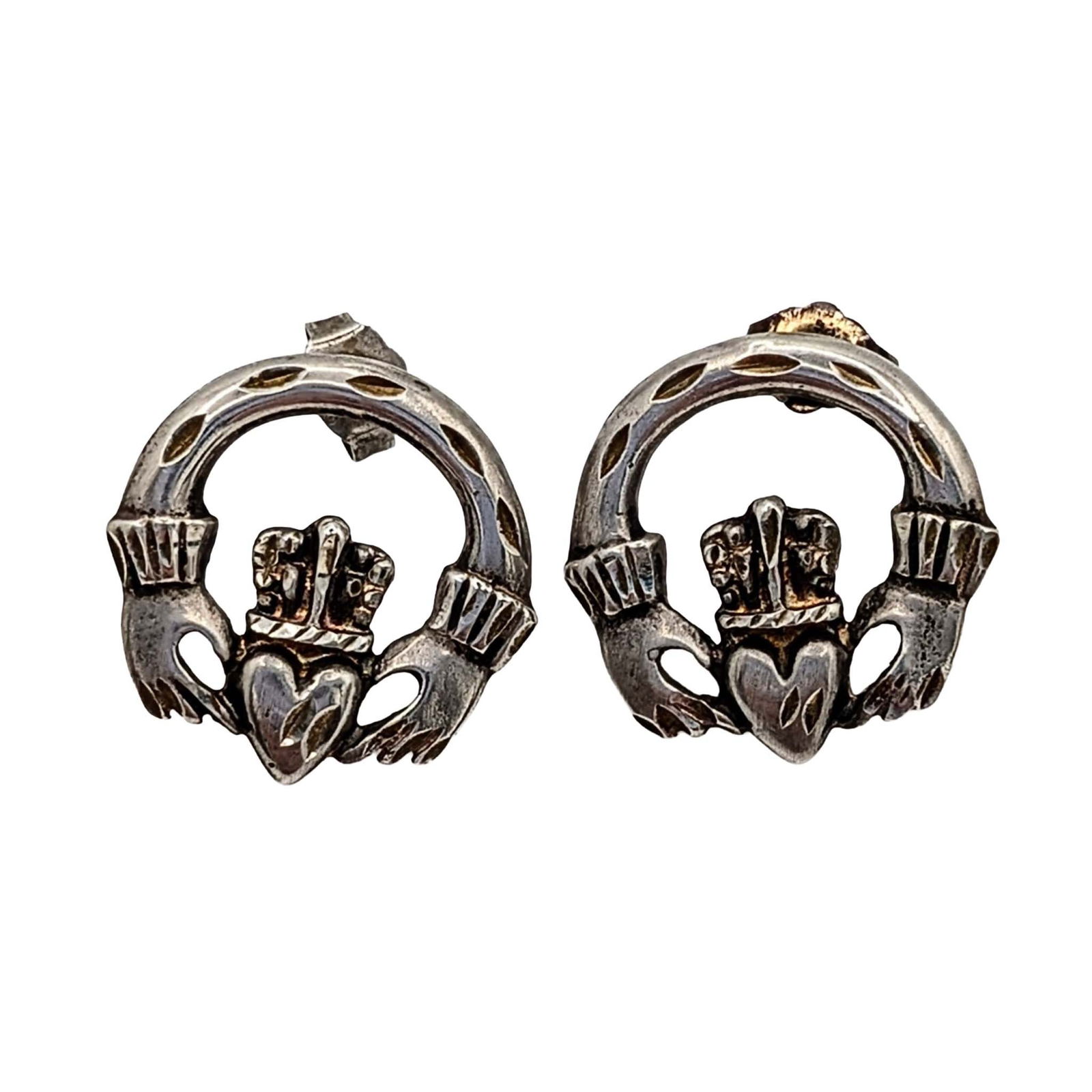 Signed Sterling Silver Claddagh Stud Earrings: Signed Sterling Silver Claddagh Stud Earrings. Signed Ster CJ. 3.1g