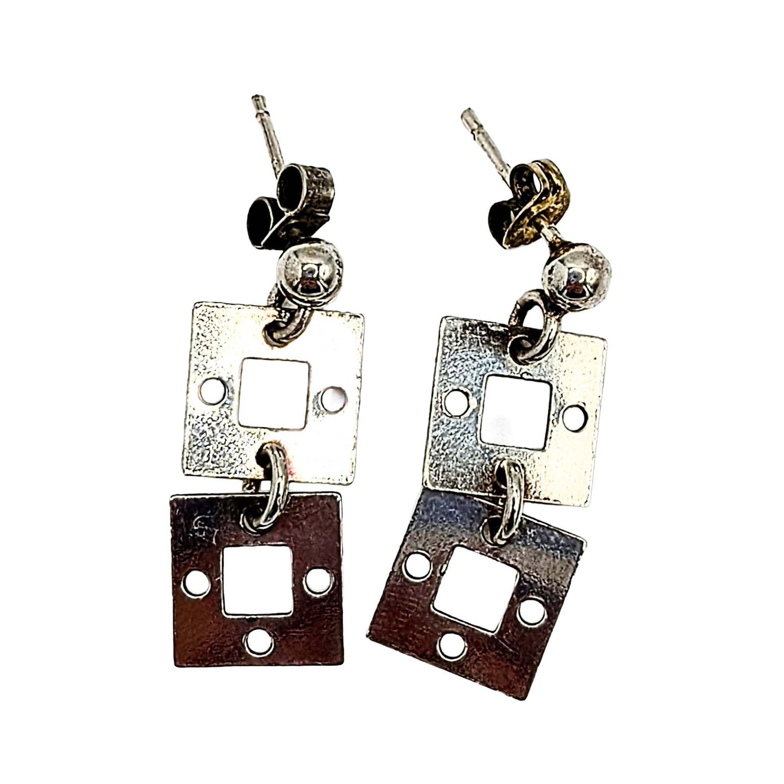 Sterling Silver Dangle Square Stud Earrings: Sterling Silver Dangle Square Stud Earrings. Unsigned. 3g