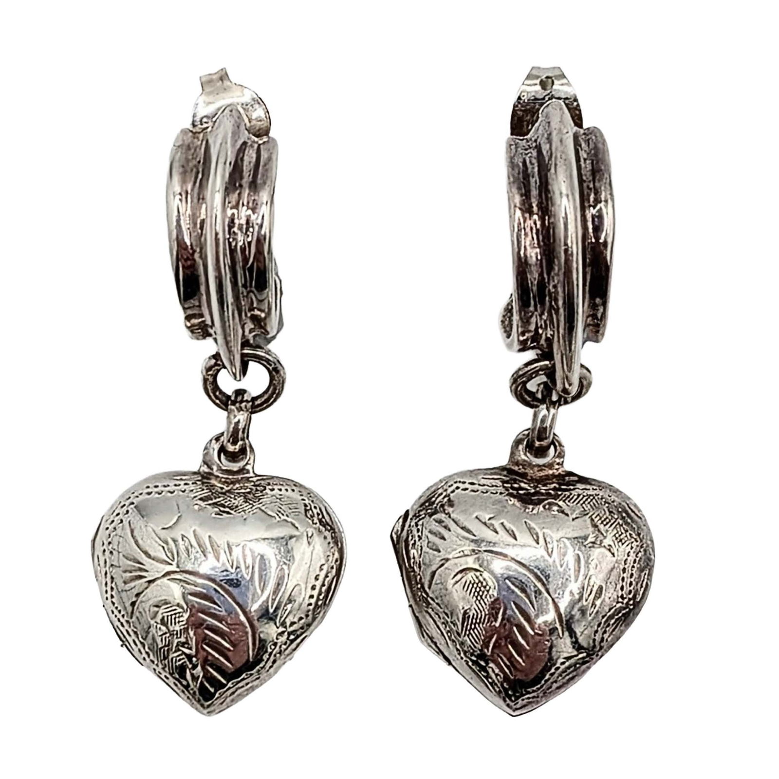 Sterling Silver Dangle Heart Locket Stud Hoop Earrings: Sterling Silver Dangle Heart Locket Stud Hoop Earrings. Signed 925. 8.4g