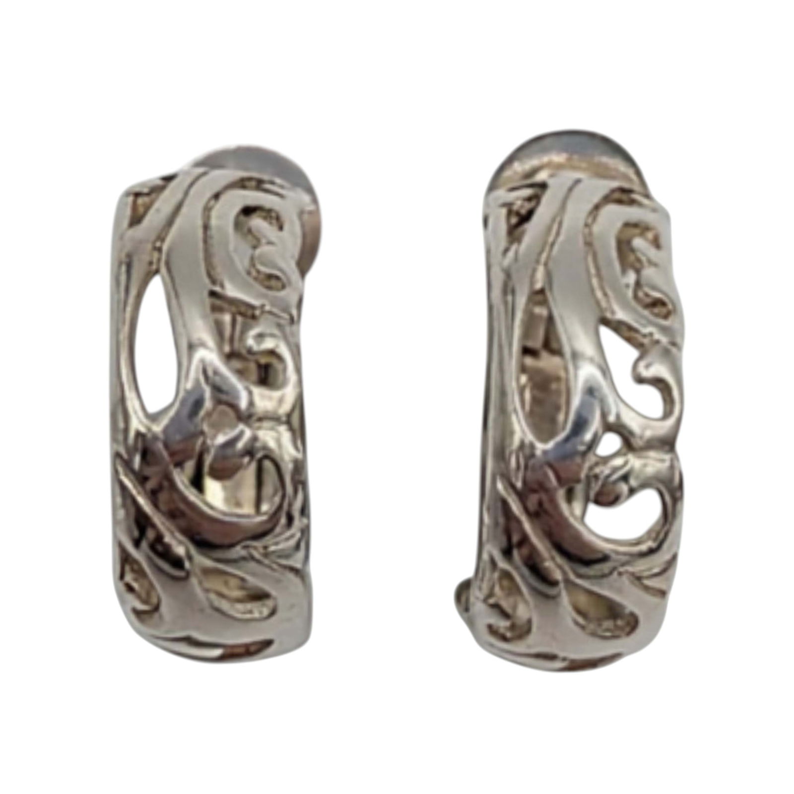Sterling Silver Openwork Scroll Clip Back Stud Earrings: Sterling Silver Openwork Scroll Clip Back Hoop Stud Earrings. Signed 925. 4g