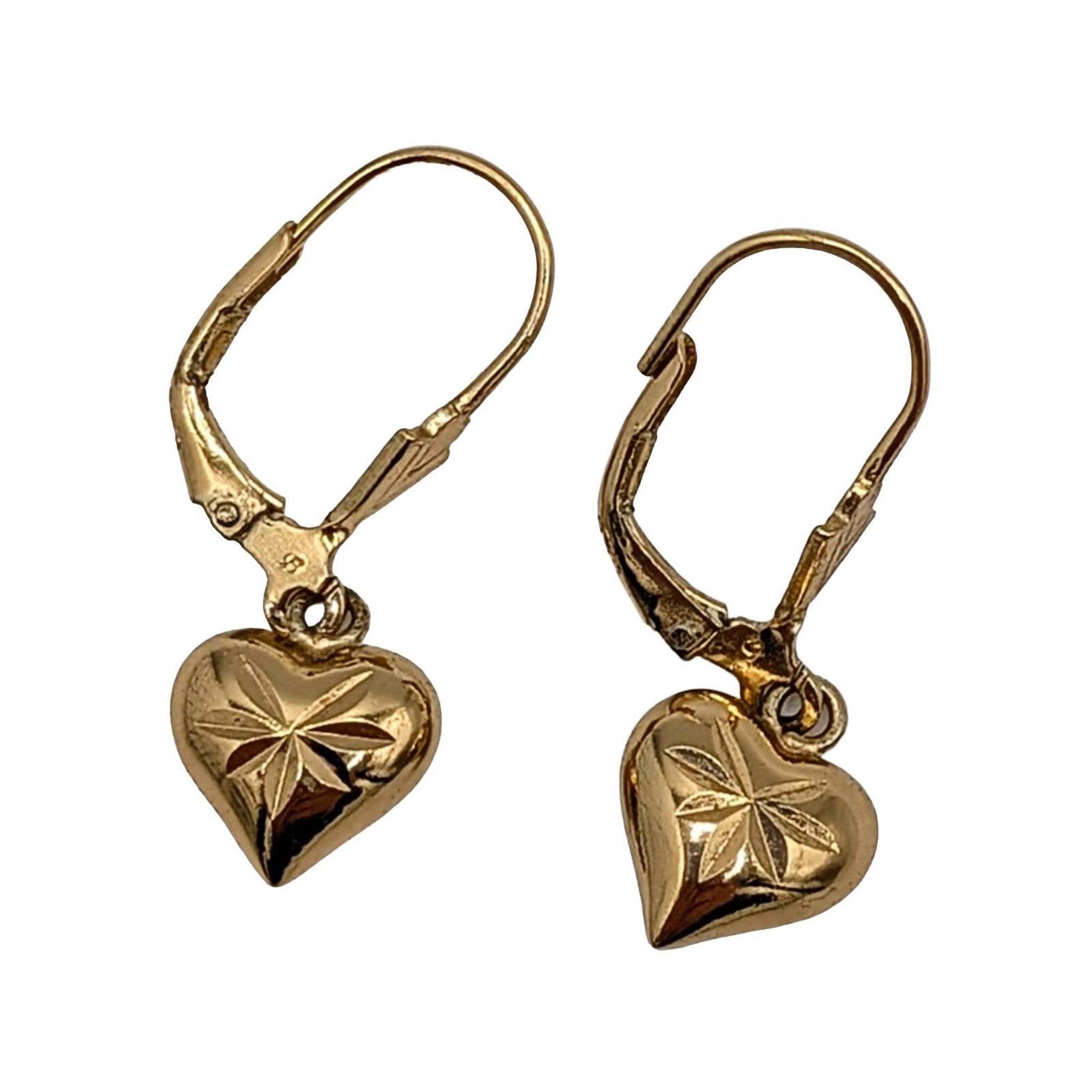 Gold Over Sterling Silver Puffy Heart Dangle Drop Earrings: Gold Over Sterling Silver Puffy Heart Dangle Drop Earrings. Signed 925. 2.1g