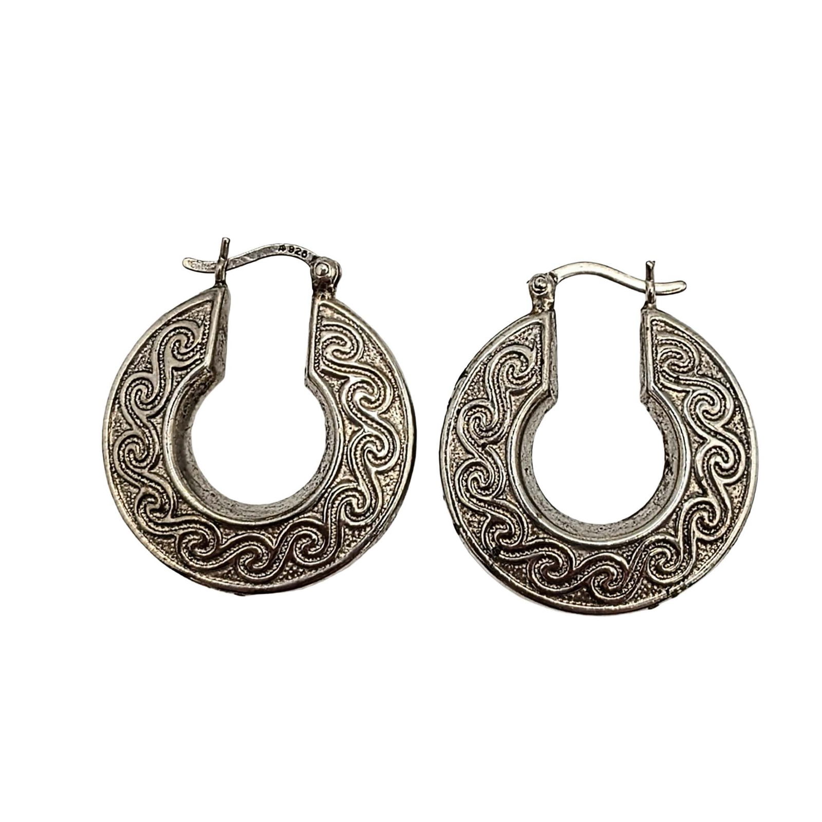 Signed Sterling Silver Wave Swirl Detail Hoop Earrings: Signed Sterling Silver Wave Swirl Detail Hollow Form Hoop Earrings. Signed A 925. 3.6g