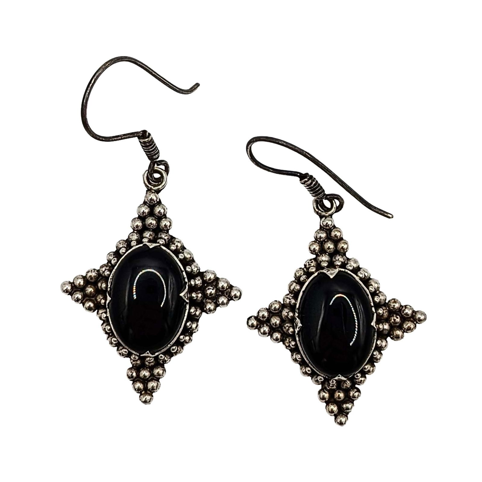 Sterling Silver Onyx Granulated Dangle Earrings: Sterling Silver, Onyx, Granulated Dangle Earrings. Signed 925. 7.7g