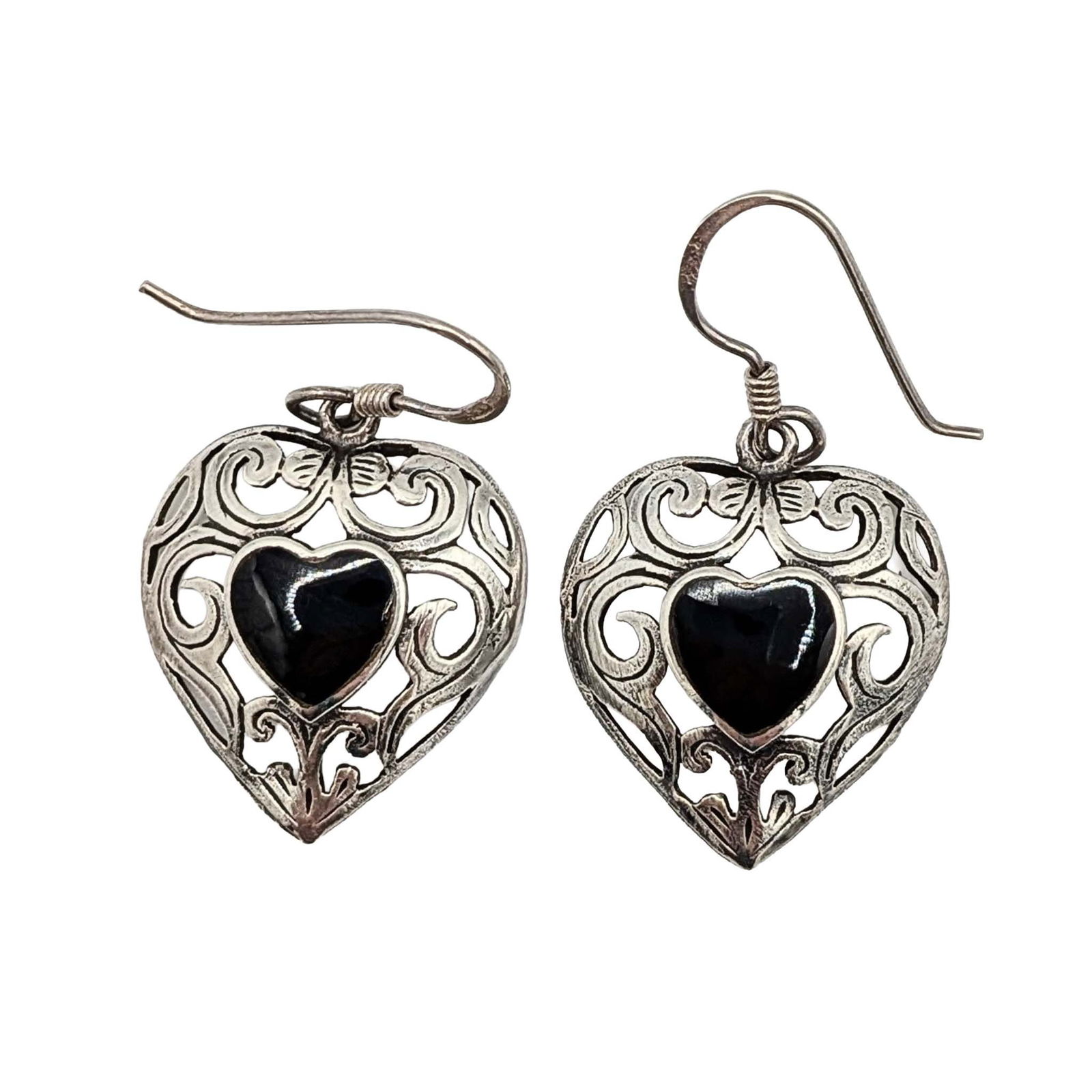 Sterling Silver Onyx Open Scrollwork Heart Dangle Earrings: Sterling Silver, Onyx Open Scrollwork Heart Dangle Earrings. Signed 925. 4.1g