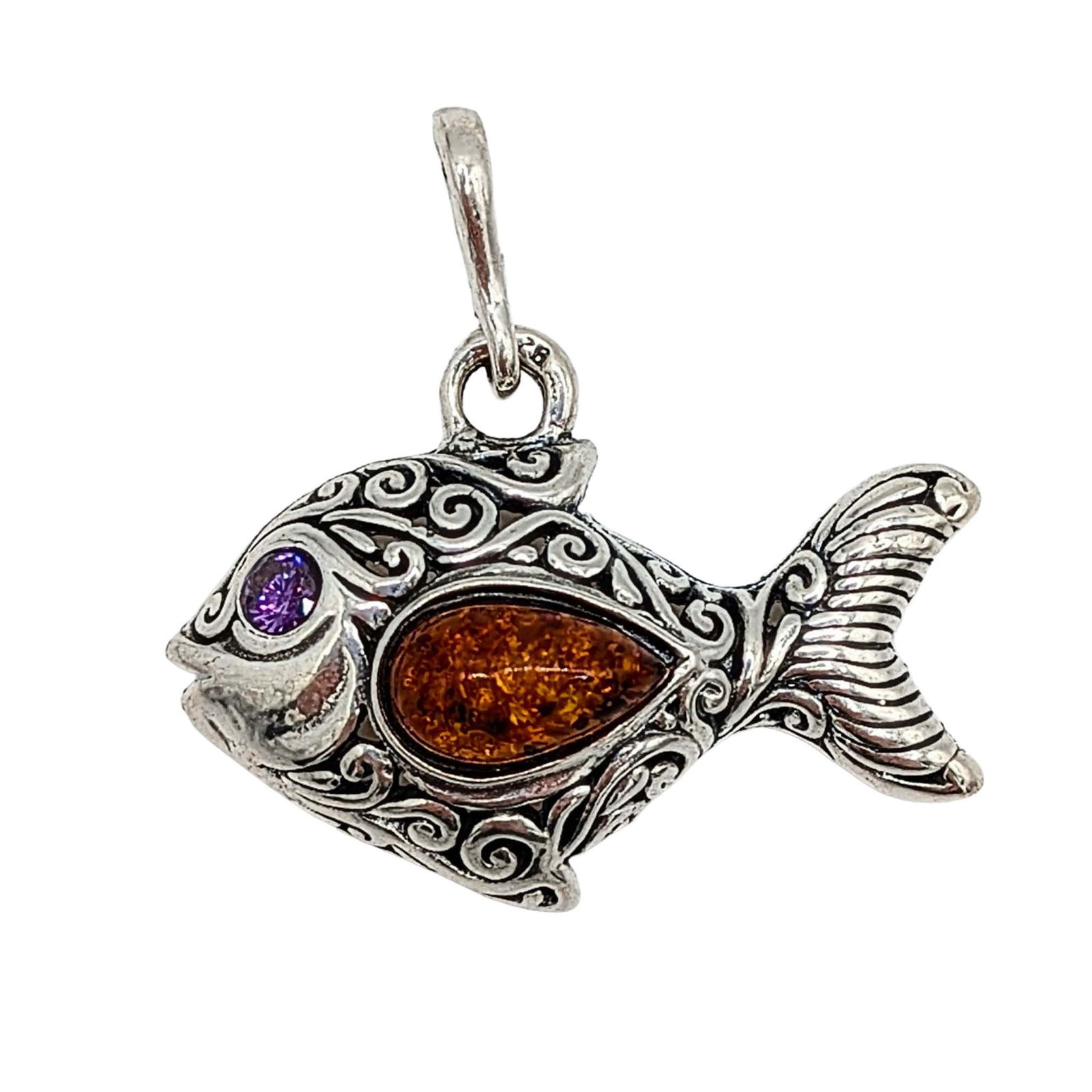 Sterling Silver Amber Amethyst Fish Pendant: Sterling Silver, Amber, Amethyst Fish Pendant. Signed 925. 3.9g