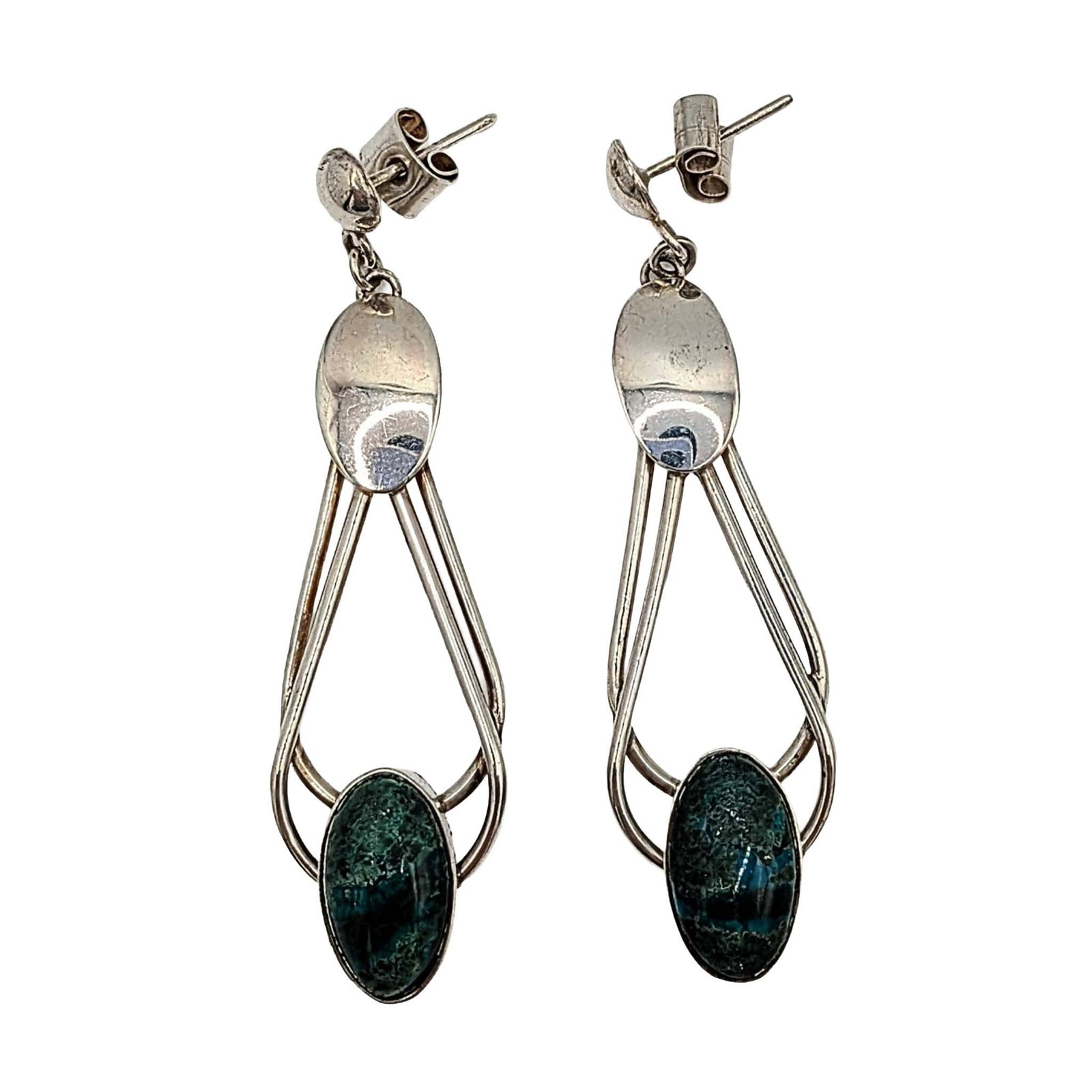 Signed Peruvian Sterling Silver Aventurine Loop Drop Stud Earrings: Signed Peruvian Sterling Silver, Aventurine Double Loop Drop Stud Earrings. Signed 925 Peru @. 10.8g