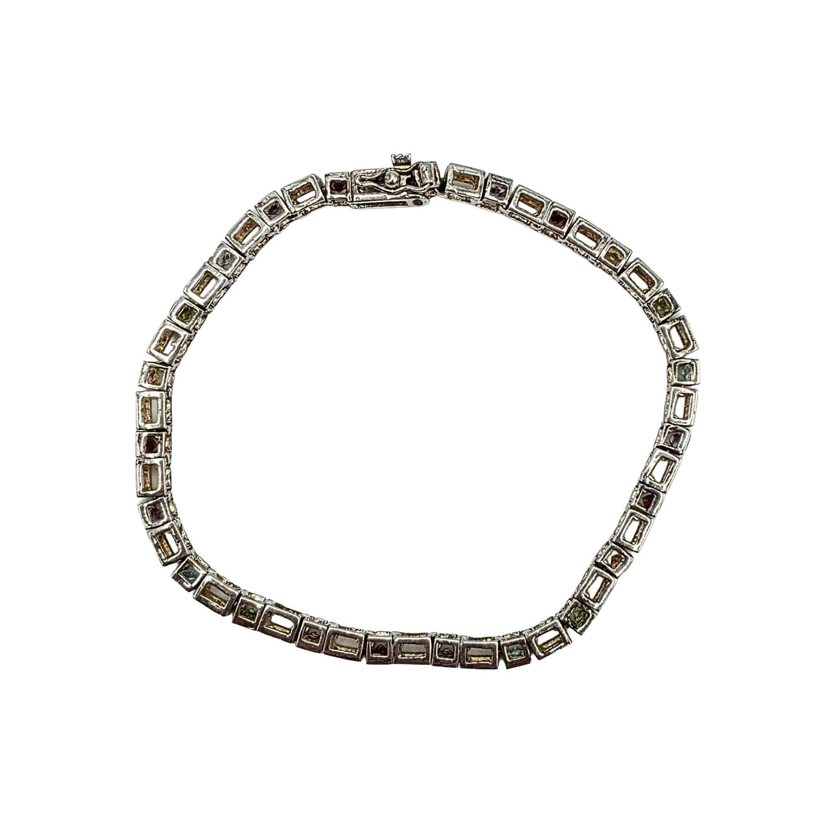 Signed Sterling Silver Multi Gemstone Square Link Tennis Bracelet - 3