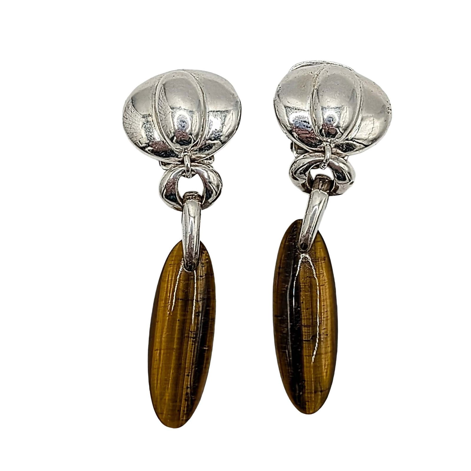 Signed Sterling Silver Tigers Eye Dangle Clip Back Earrings: Signed Sterling Silver, Tigers Eye Dangle Clip Back Earrings. Signed ER 925 Thailand. 21.3g