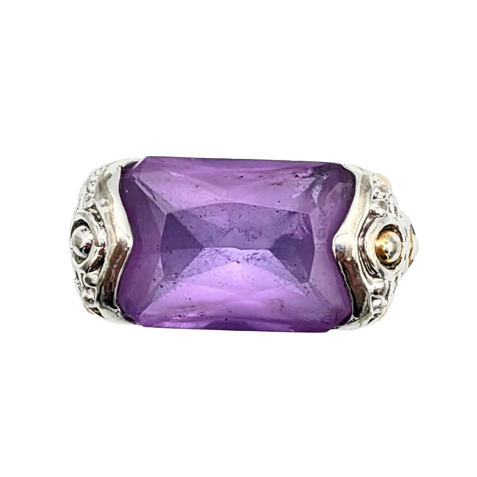 Sterling Silver Purple Rhinestone Bali Style Bar Ring: Sterling Silver, Purple Rhinestone Bali Style Bar Ring. Size 6.25. Signed 925. 7g