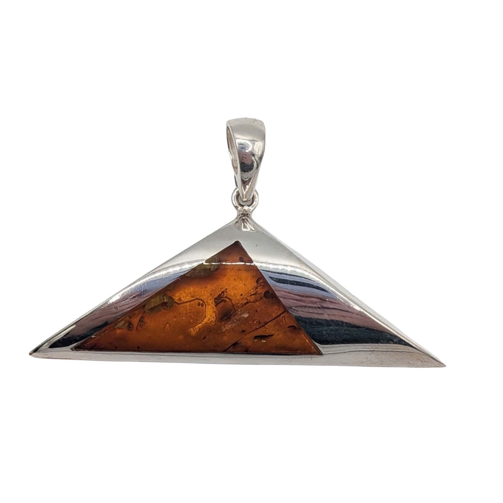 Polish Sterling Silver Amber Modern Triangle Pendant: Polish Sterling Silver, Amber Modern Triangle Pendant. Signed 925. 10.3g