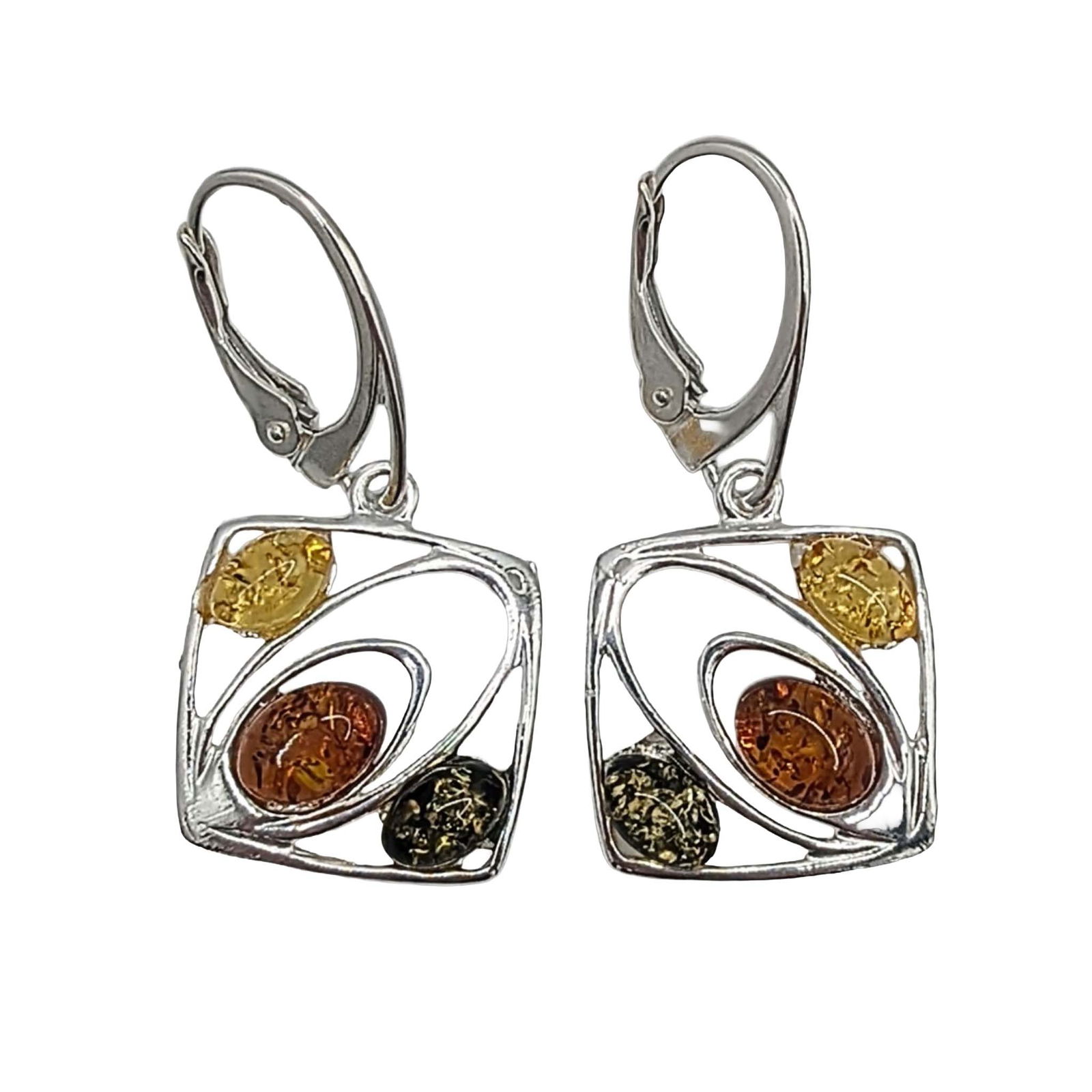 Sterling Silver Amber Tri Color Dangle Drop Earrings: Sterling Silver, Amber Tri Color Square Dangle Drop Earrings. Signed 925. 3.2g
