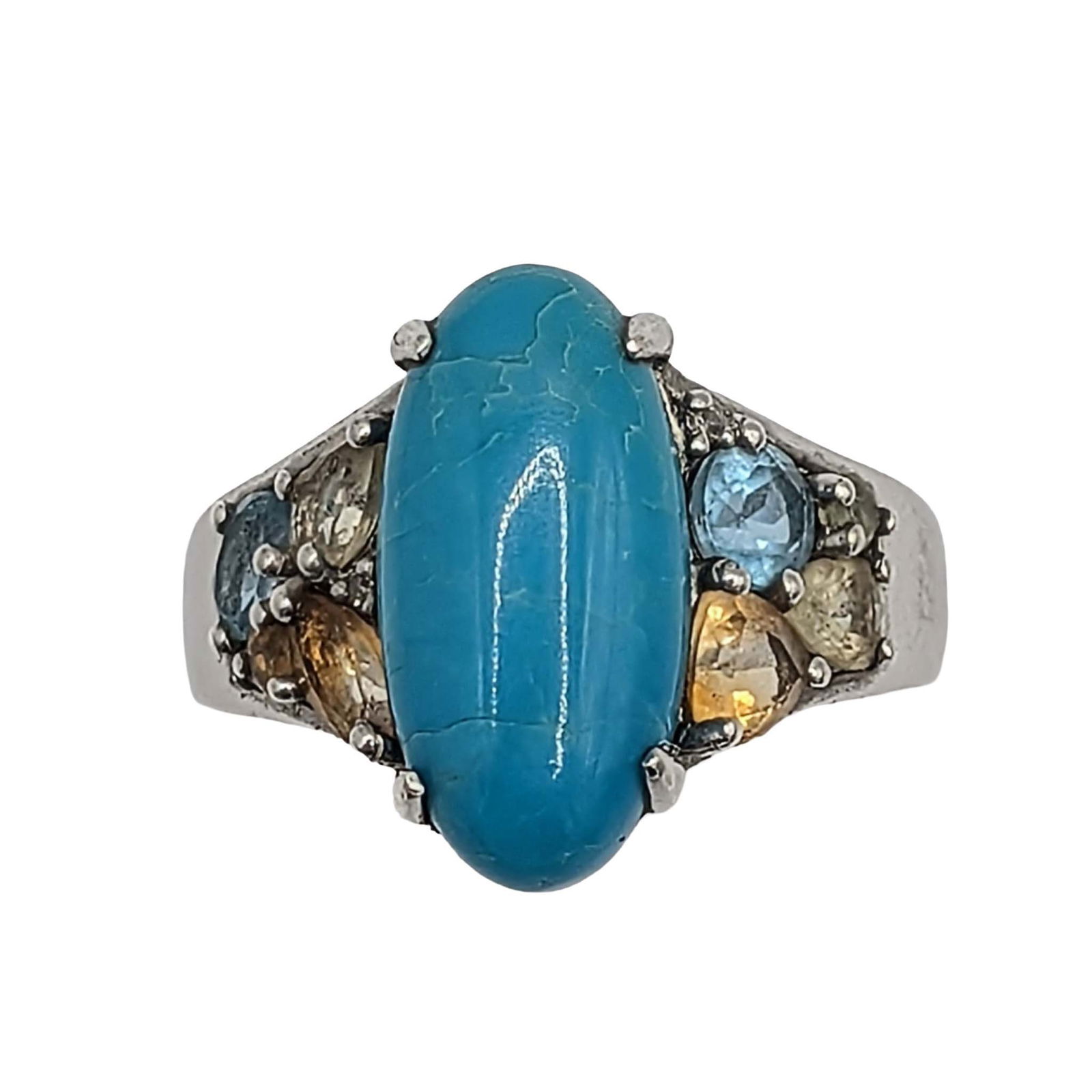 Signed Sterling Silver Multi Gemstone Oval Cocktail Ring: Signed Sterling Silver, Diamond, Turquoise, Topaz, Aquamarine, Citrine Oval Cocktail Ring. Size 7. Signed heart symbol 925 China. 4.9g