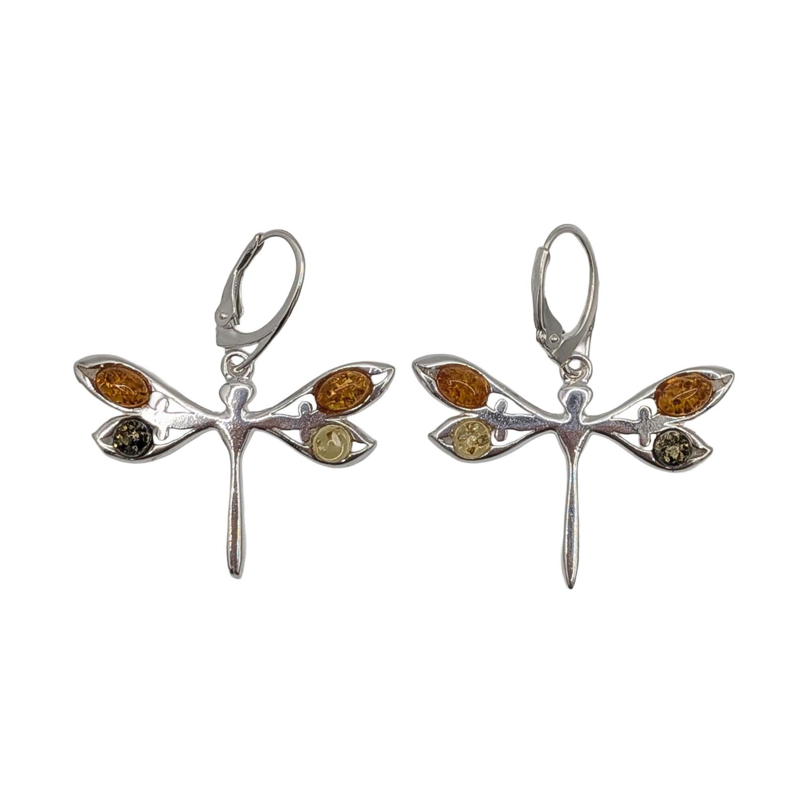 Sterling Silver Amber Tri Color Dragonfly Drop Earrings: Sterling Silver Amber Tri Color Dragonfly Drop Earrings. Signed 925. 5.8g