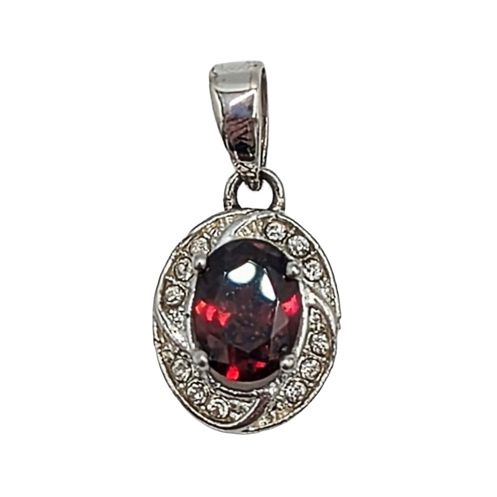 Signed Sterling Silver Garnet CZ Oval Pendant: Signed Sterling Silver, Garnet, CZ Oval Pendant. Signed NVC. 1.8g
