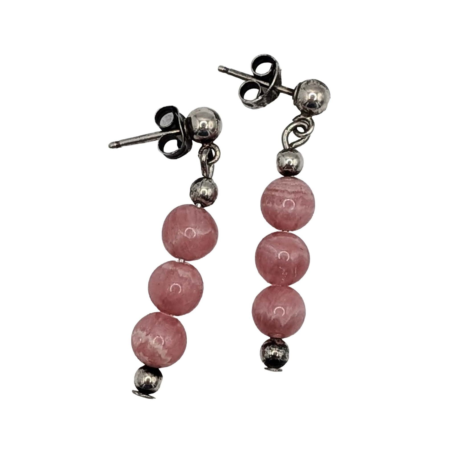 Sterling Silver Rose Quartz Bead Dangle Stud Earrings: Sterling Silver, Rose Quartz Bead Dangle Stud Earrings. Unsigned. 3.2g