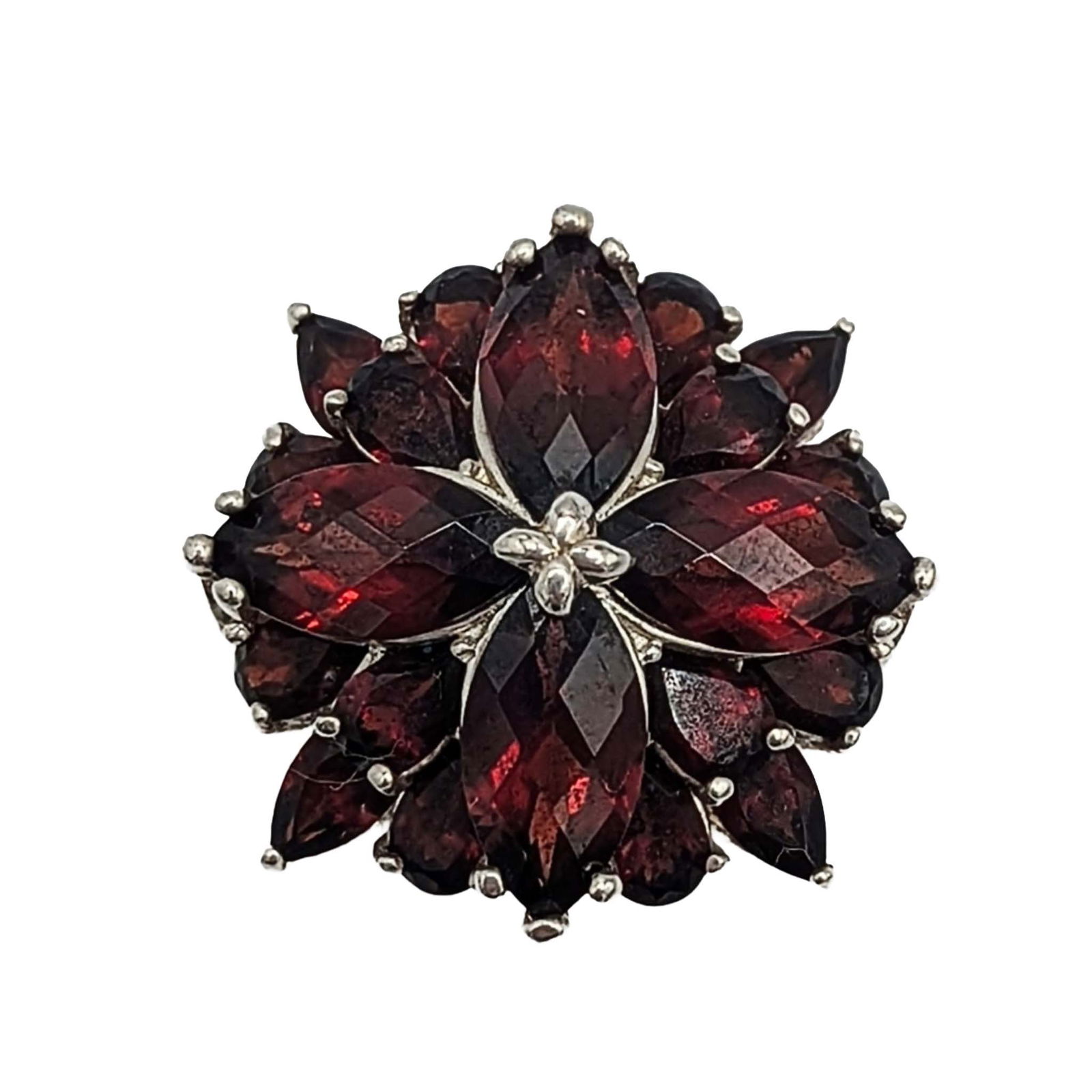 Signed Sterling Silver Garnet Floral Cluster Ring (1 of 4)