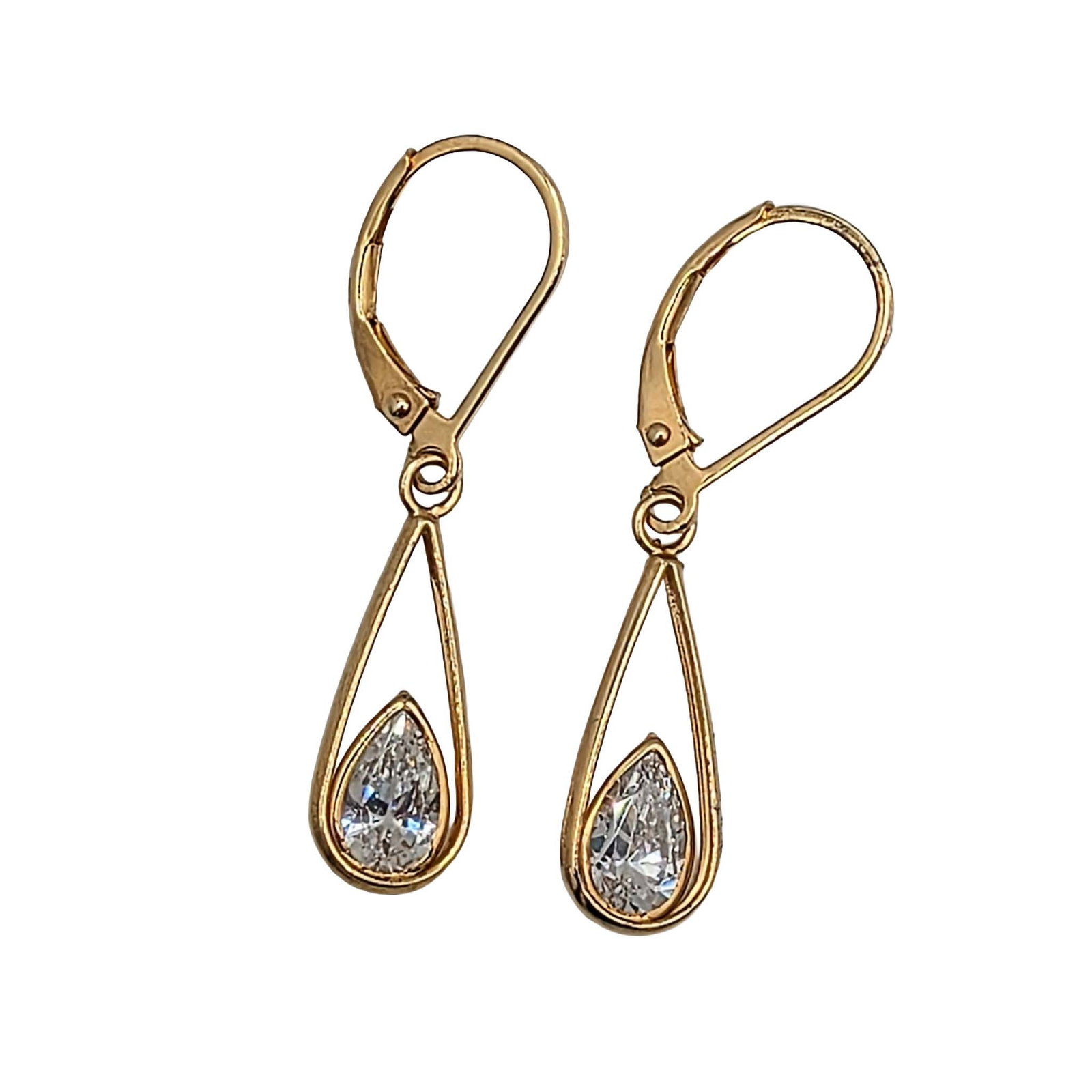 Signed Gold Over Sterling Silver CZ Clip Back Drop Earrings: Signed Gold Over Sterling Silver, CZ Teardrop Clip Back Drop Earrings. Signed JCM 925 CZ. 1.8g