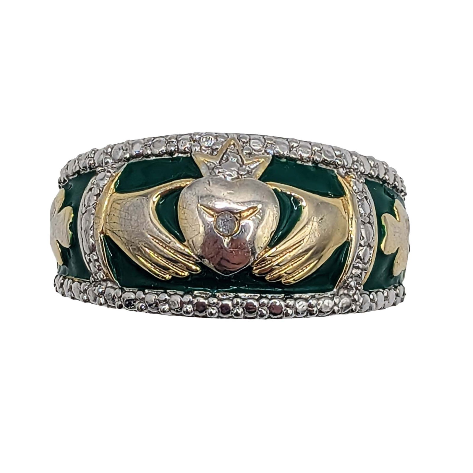 Signed Gold Over Sterling Silver Diamond Enamel Claddagh Band Ring: Signed Gold Over Sterling Silver, Diamond, Green Enamel Claddagh Band Ring. Size 9. Signed 925 CC China. 6.9g
